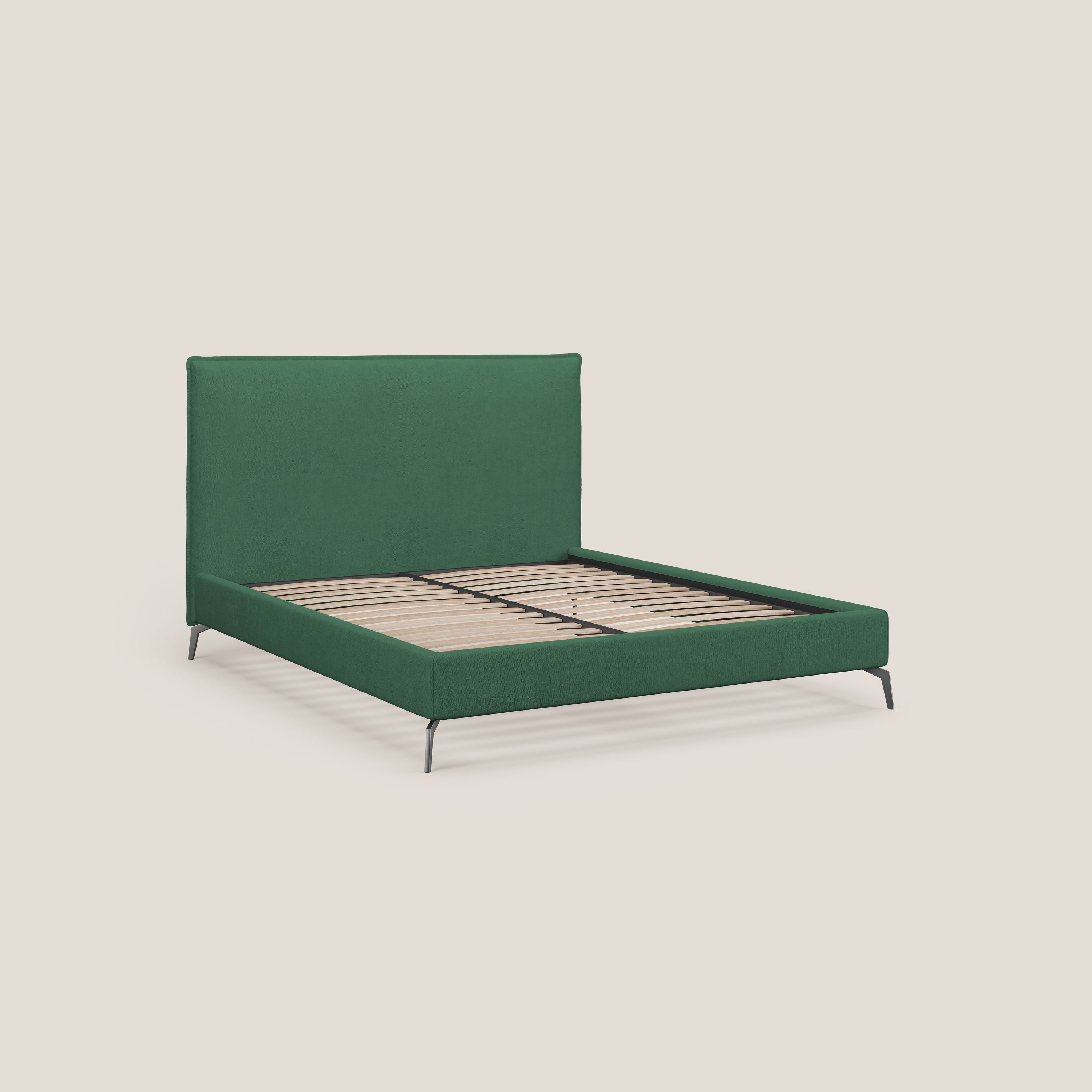 Iris letto imbottito con piedini neri sfoderabile in tessuto impermeabile T02 verde - divani.store