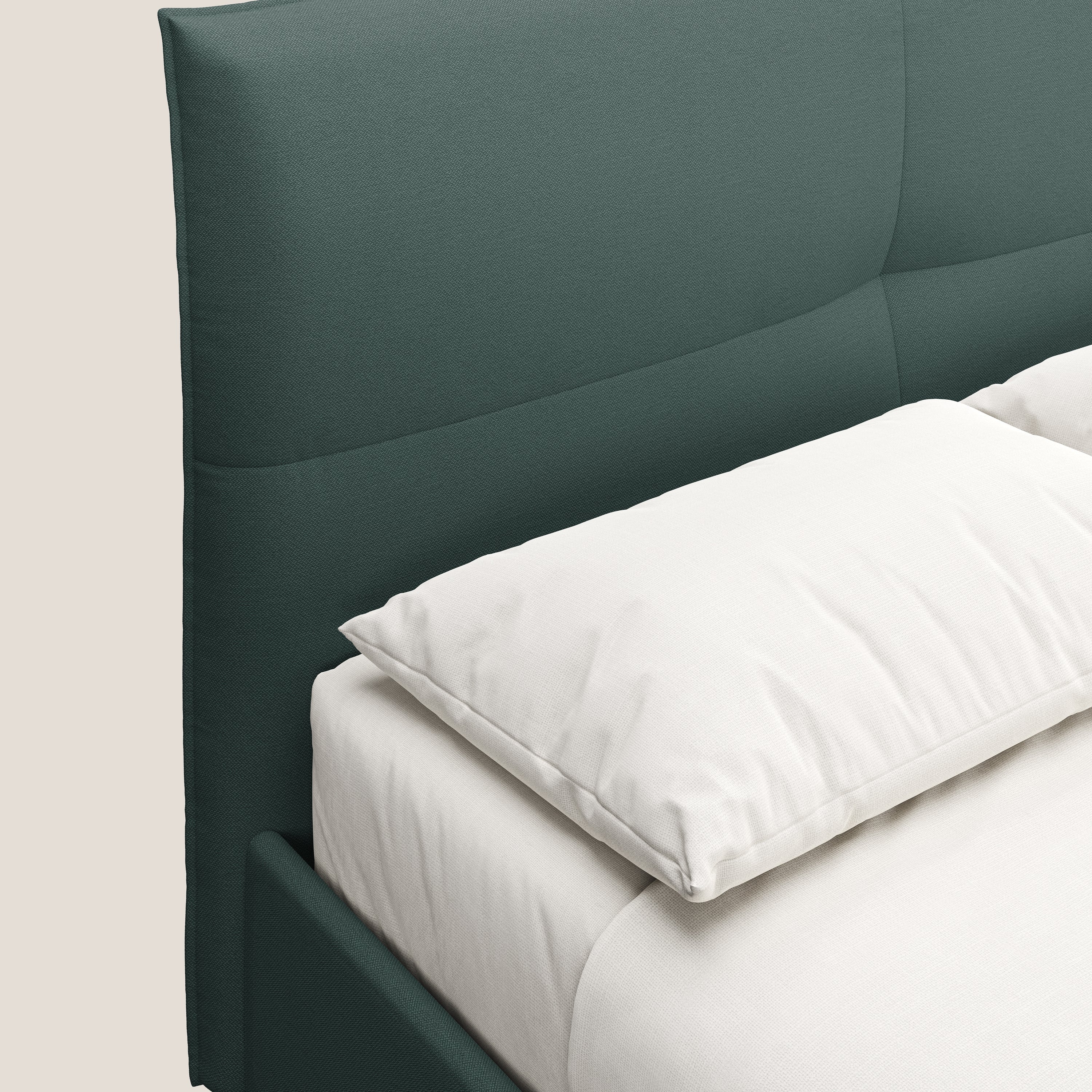 Izumi letto imbottito contenitore con piedi alti in tessuto smacchiabile T05 verde - divani.store
