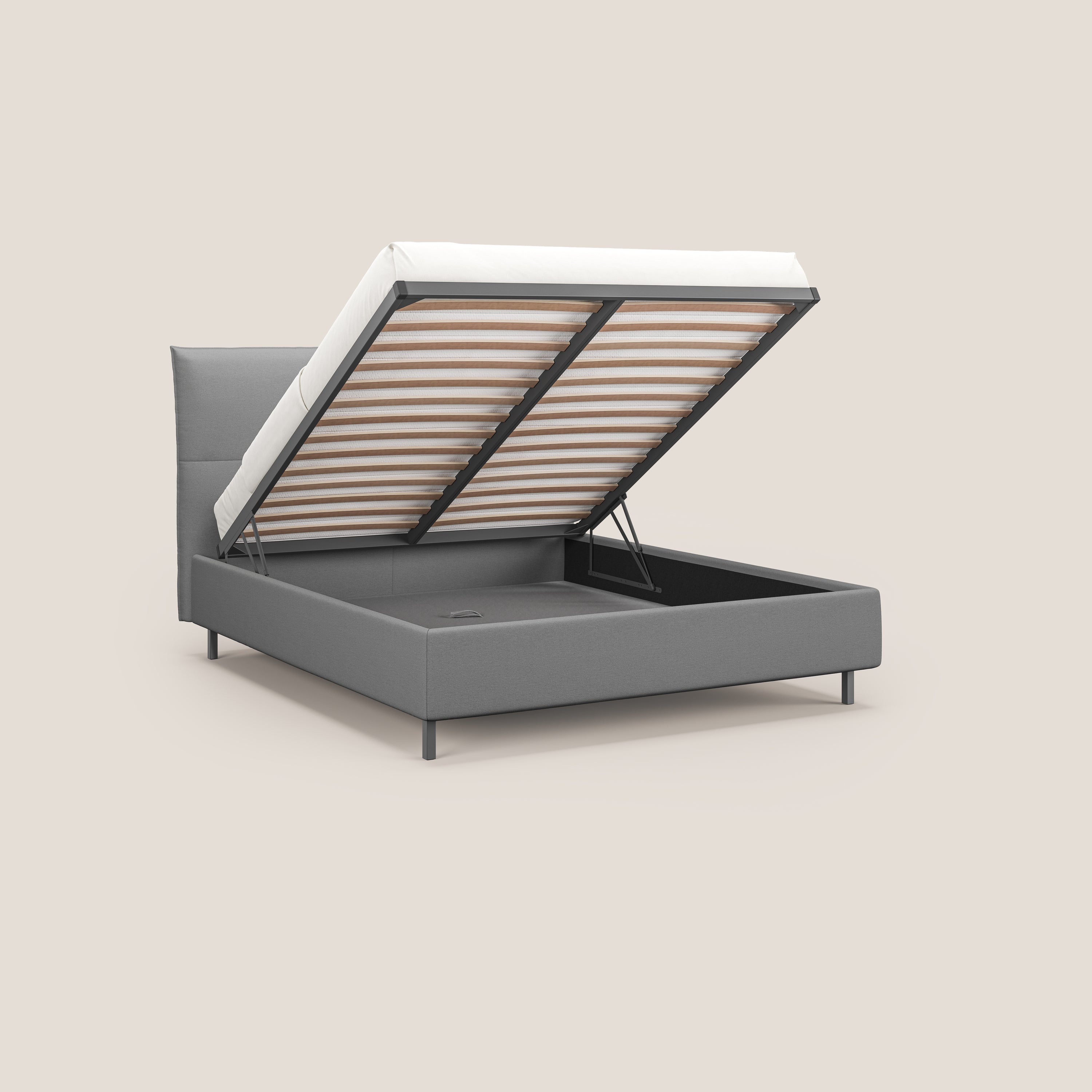 Izumi letto imbottito contenitore con piedi alti in tessuto smacchiabile T05 grigio - divani.store