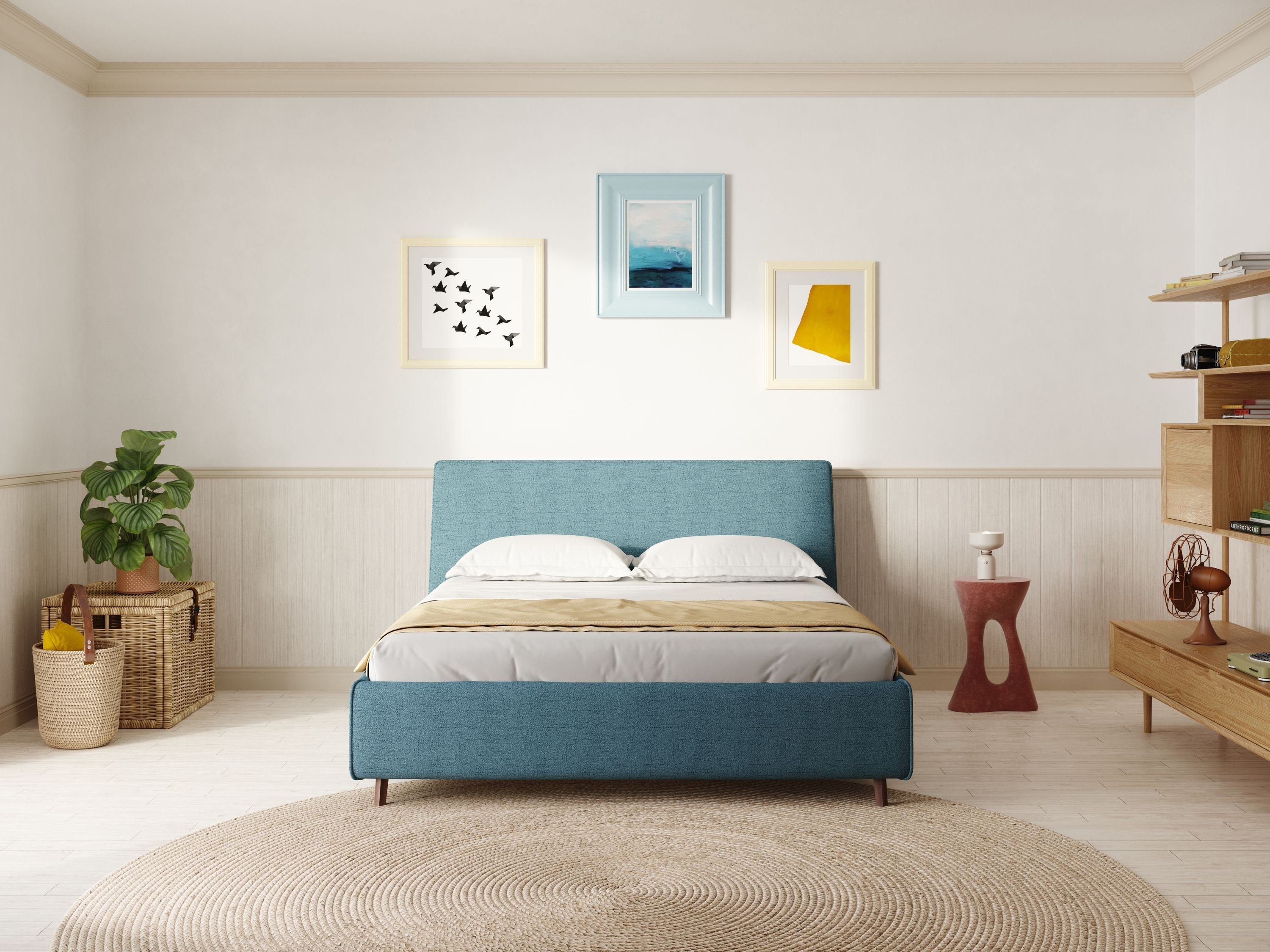 Justin letto imbottito contenitore e sfoderabile in tessuto fiammato impermeabile T03 azzurro - divani.store