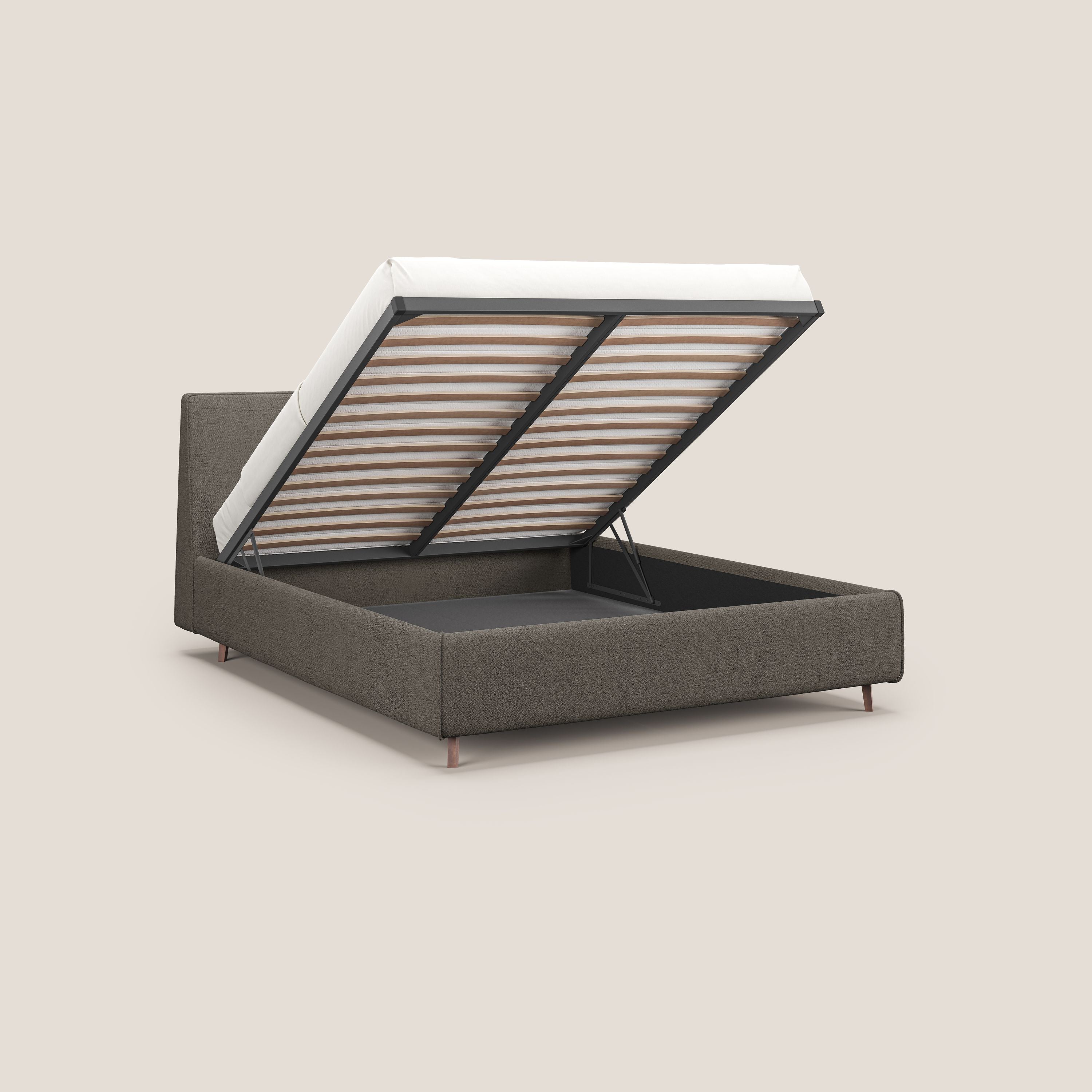 Justin letto imbottito contenitore e sfoderabile in tessuto fiammato impermeabile T03 talpa - divani.store