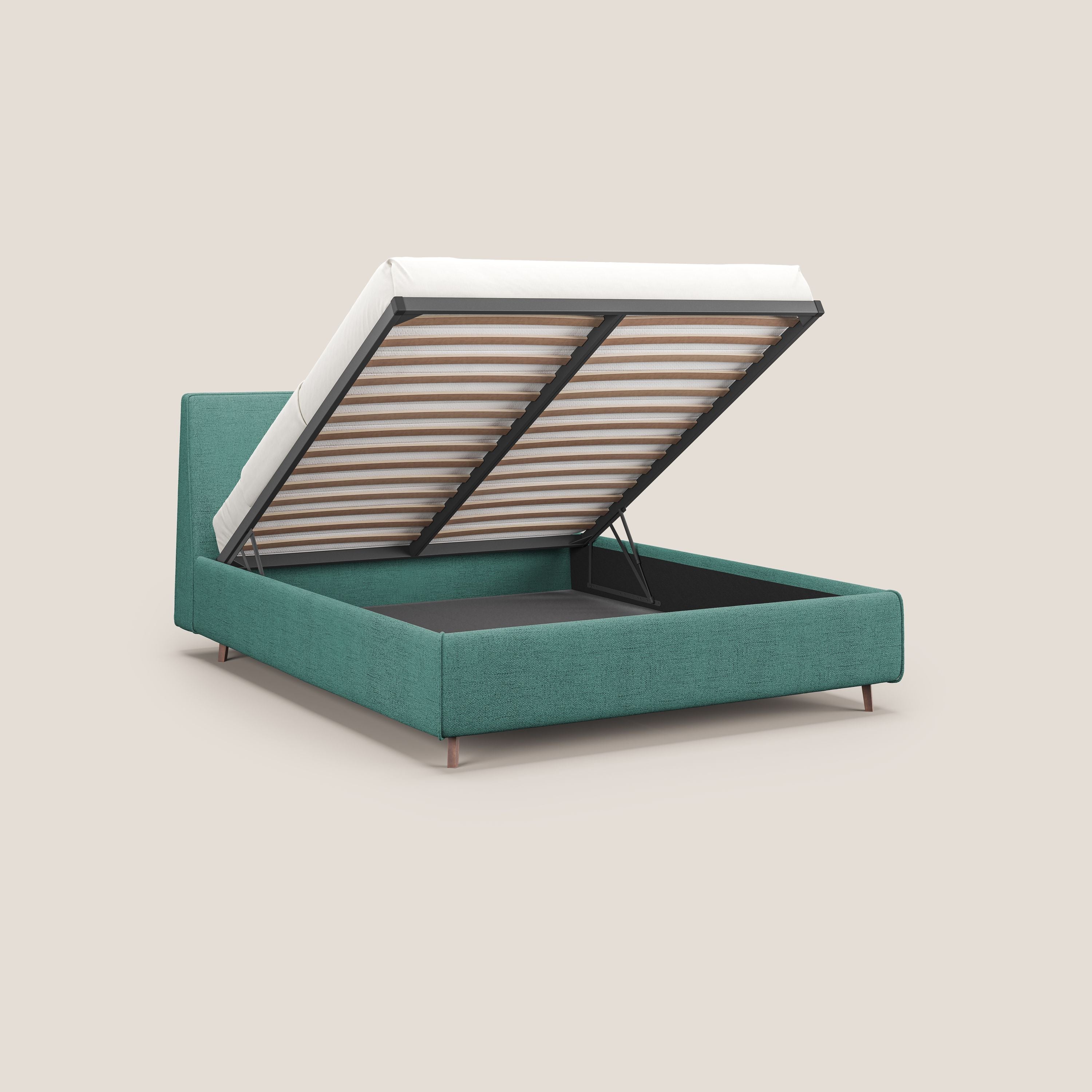 Justin letto imbottito contenitore e sfoderabile in tessuto fiammato impermeabile T03 verde acqua - divani.store