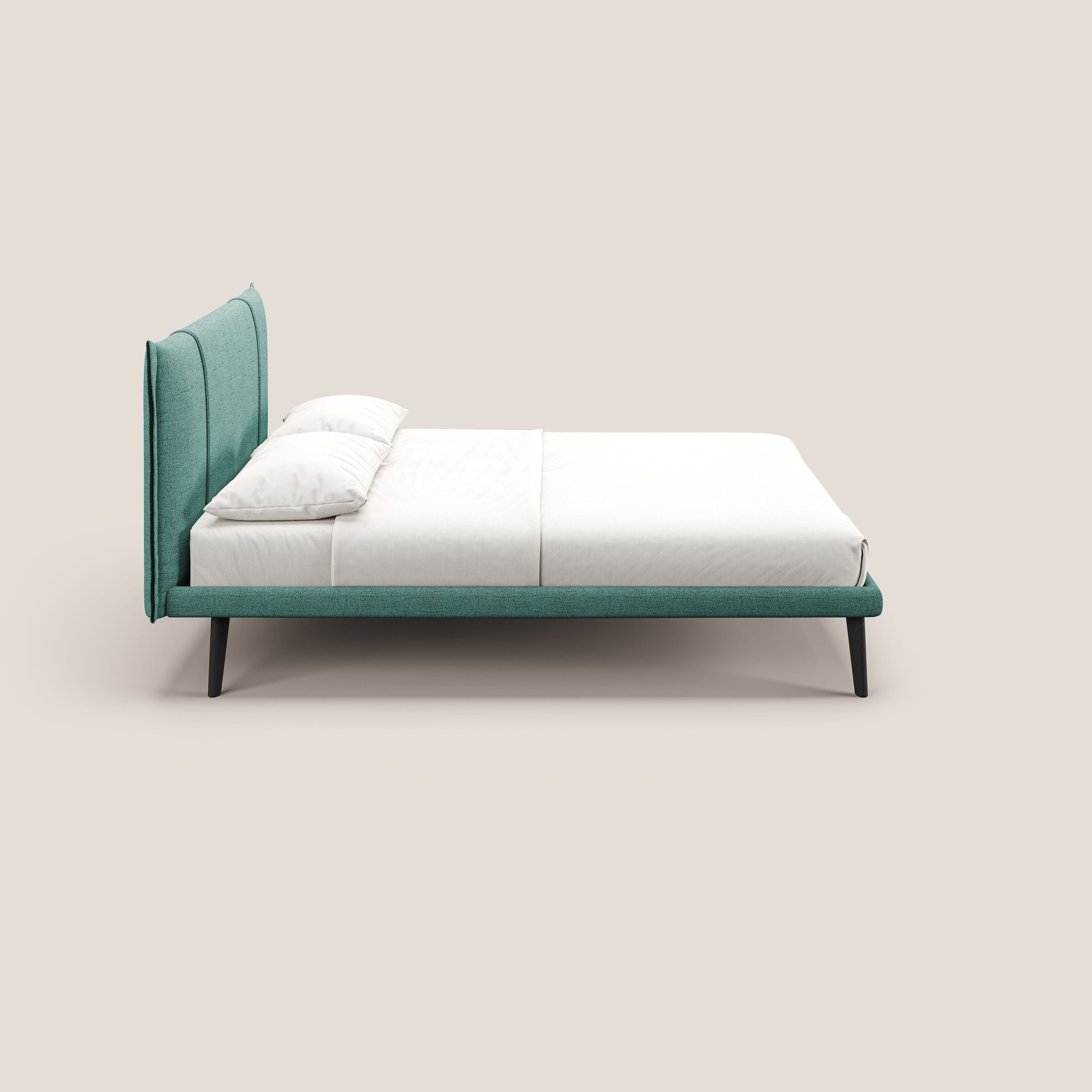 Klaus LETTO moderno con piedi in mogano e tessuto fiammato impermeabile T03 verde acqua - divani.store