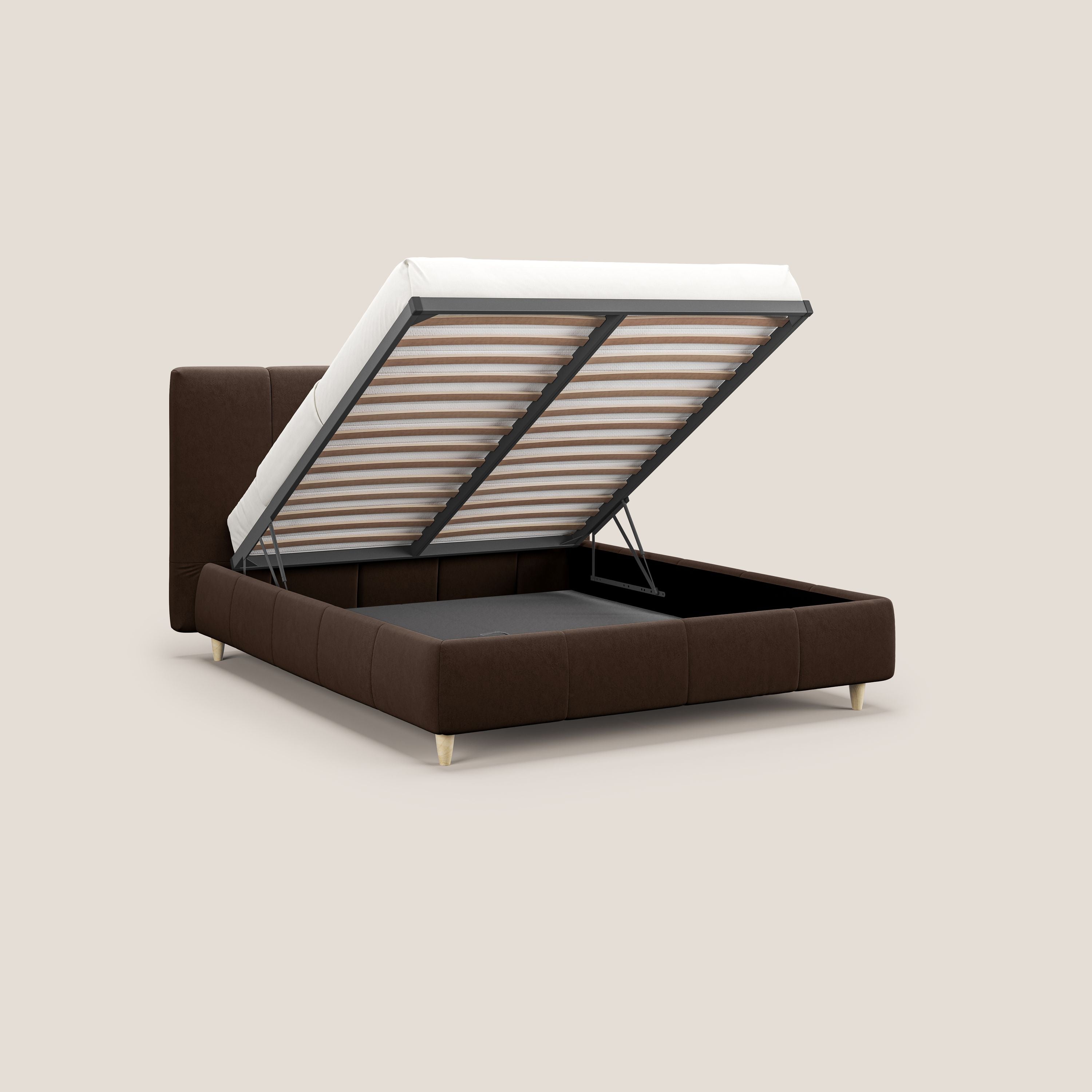 Laura letto imbottito contenitore e sfoderabile in microfibra velluto impermeabile T09 marrone - divani.store