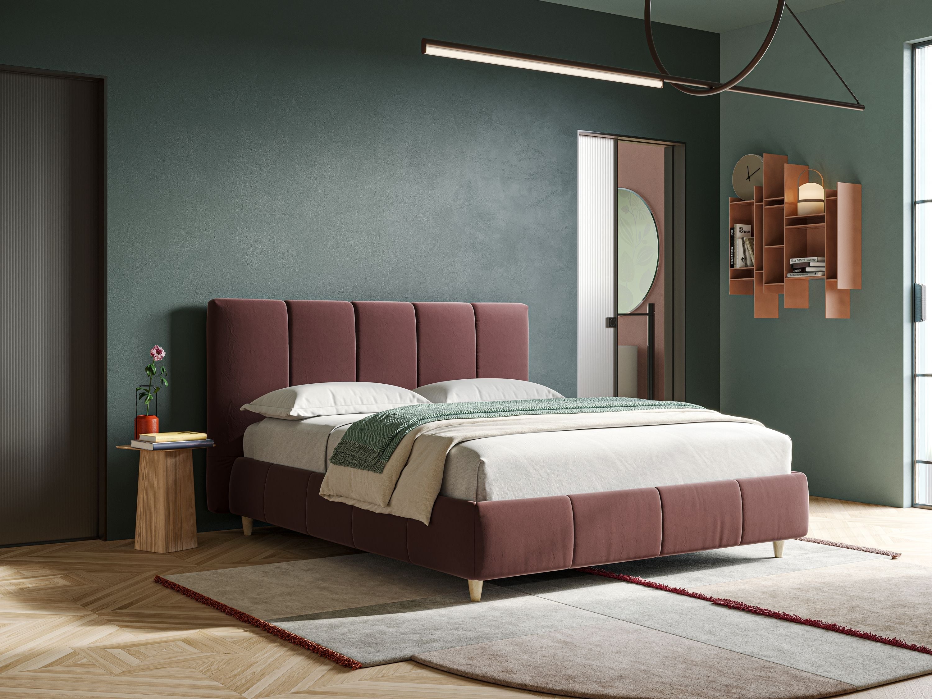 Laura letto imbottito contenitore e sfoderabile in microfibra velluto impermeabile T09 salmone - divani.store