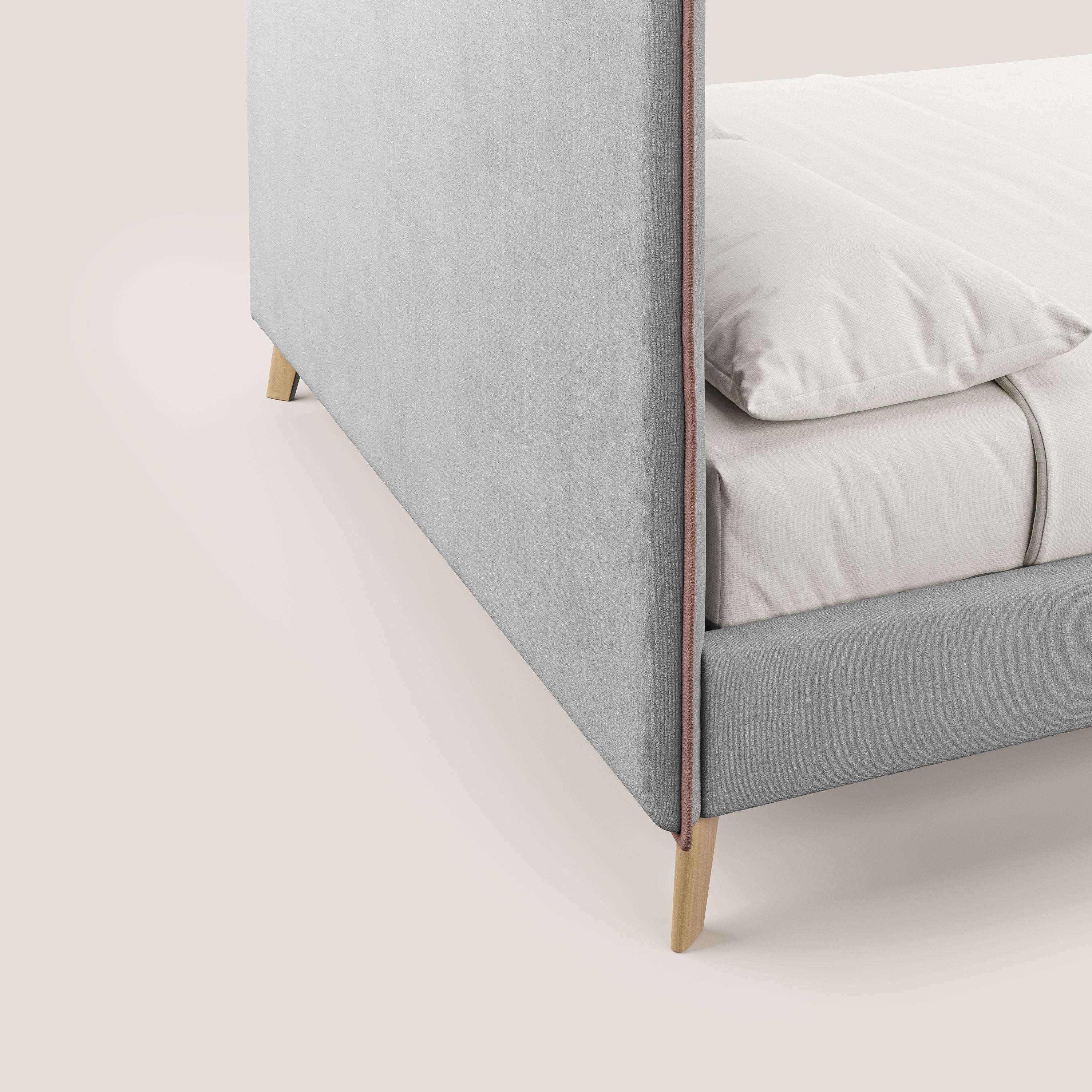 Leila letto imbottito con piedini legno in tessuto smacchiabile T17 grigio - rosa - divani.store