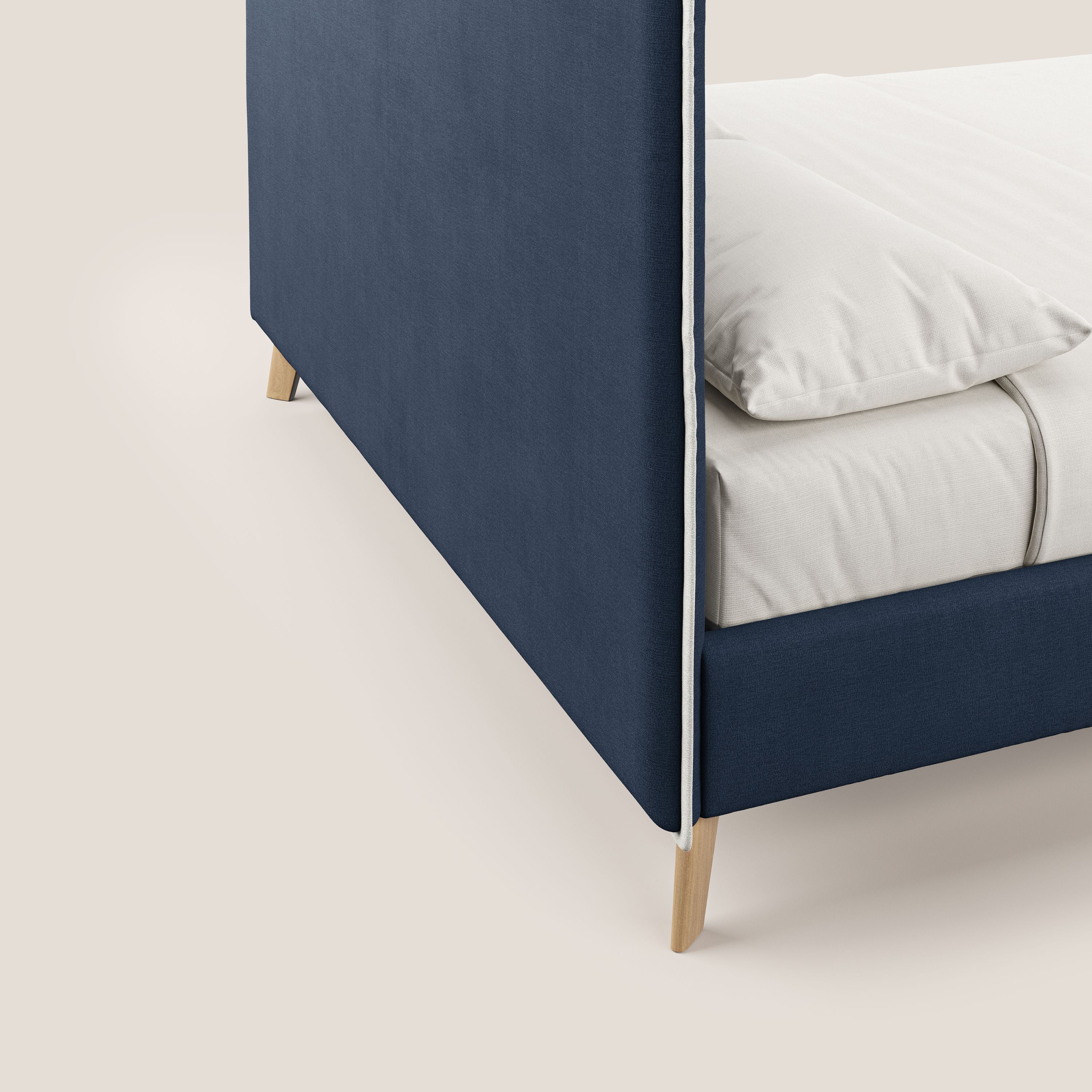 Leila letto imbottito con piedini legno in tessuto smacchiabile T17 blu - bianco - divani.store
