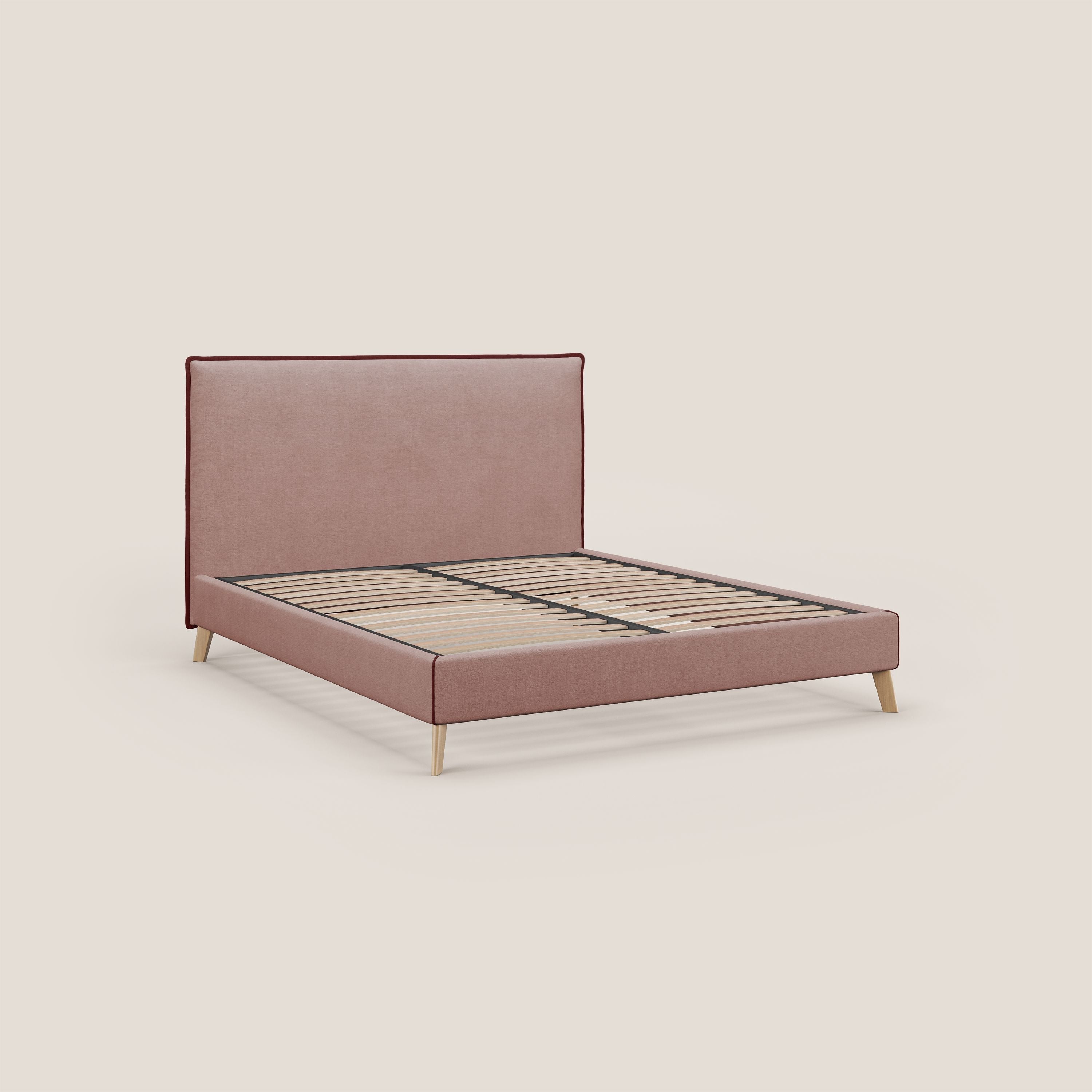 Leila letto imbottito con piedini legno in tessuto smacchiabile T17 rosa - rosso - divani.store