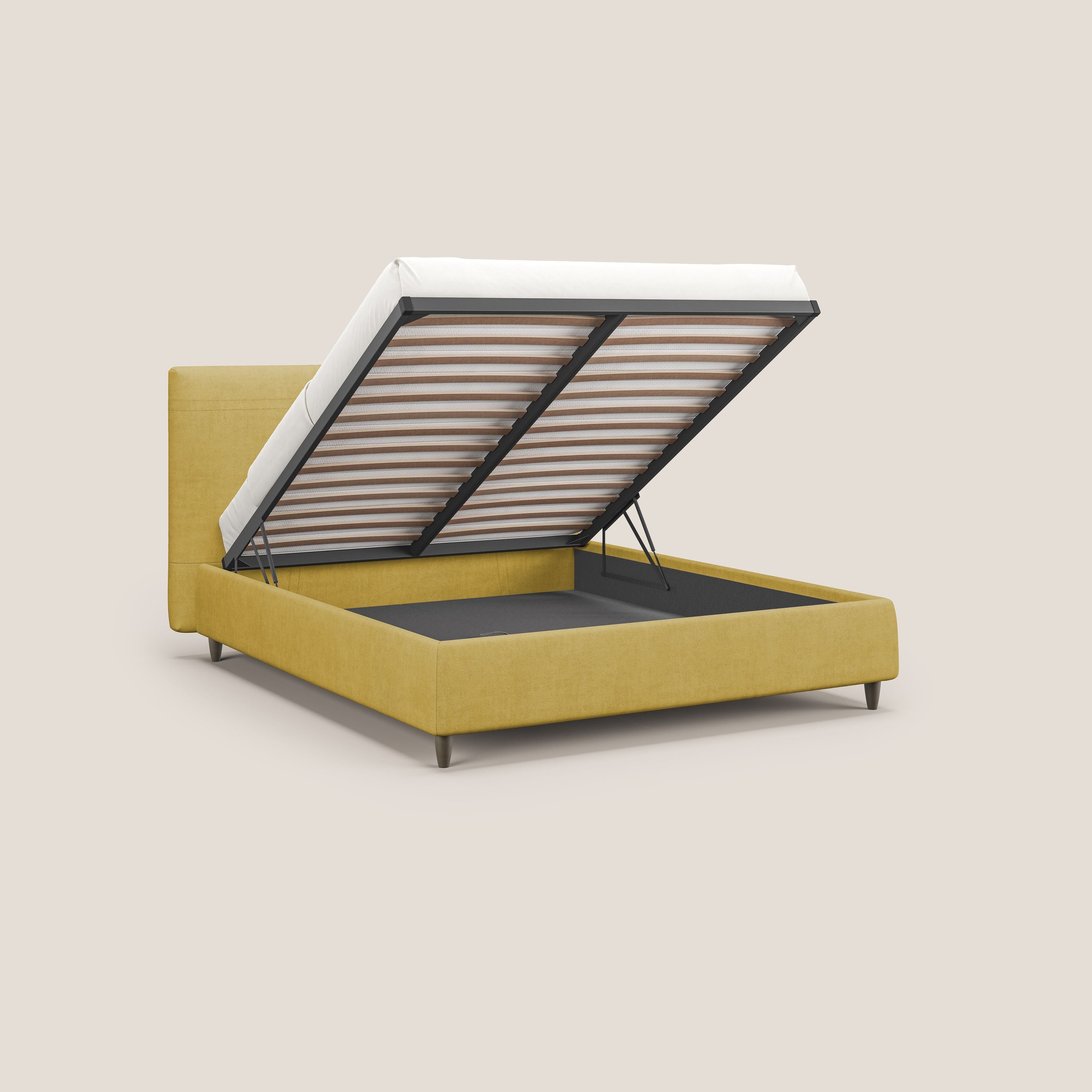 Martina letto imbottito contenitore in tessuto impermeabile T02 giallo - divani.store