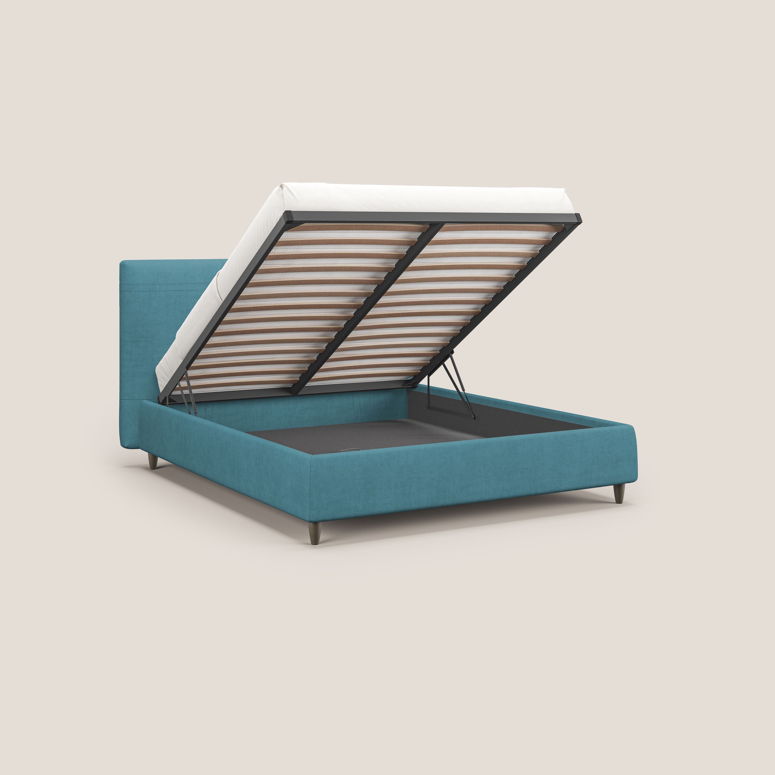 Martina letto imbottito contenitore in tessuto impermeabile T02 azzurro - divani.store