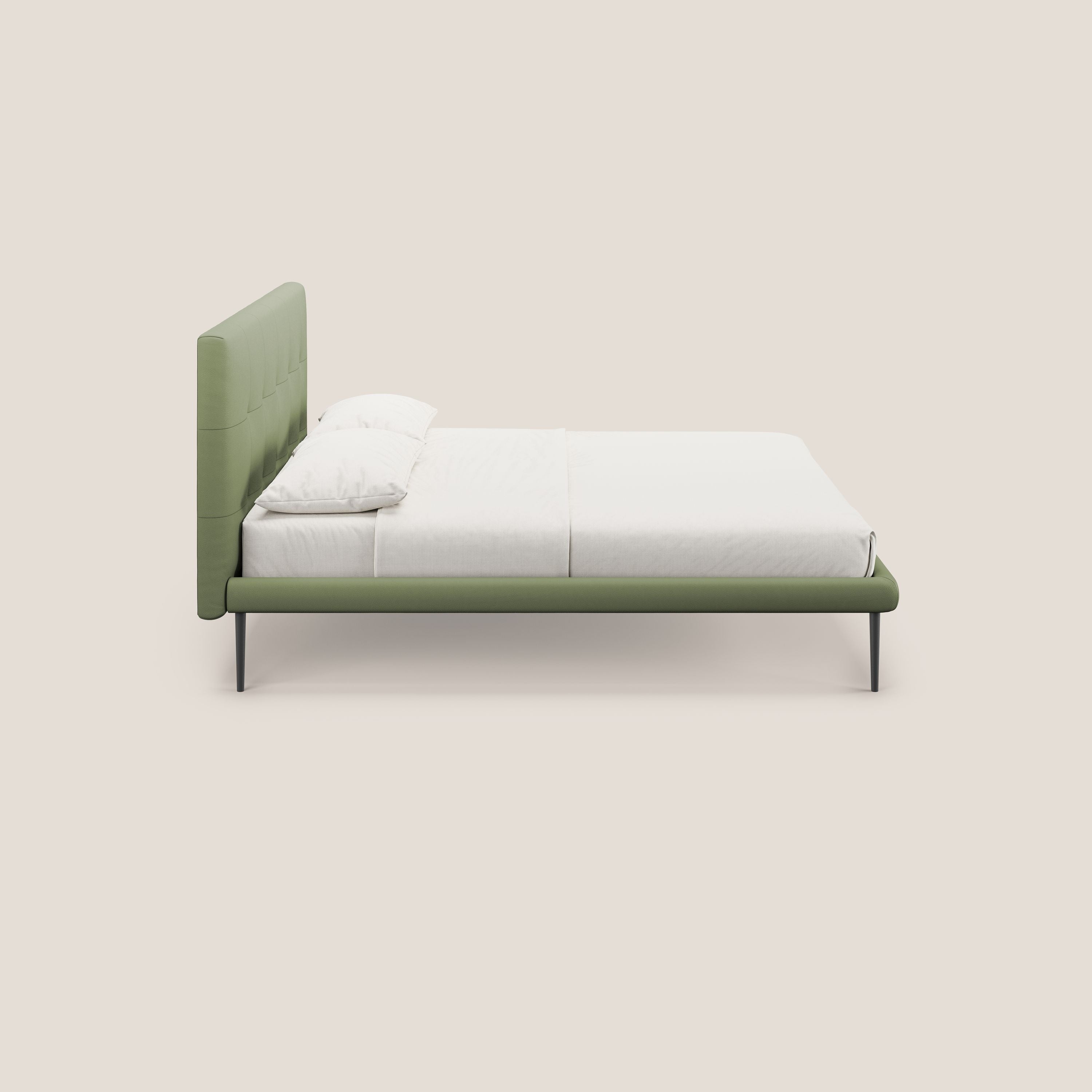 Midori letto imbottito trapuntato in ecopelle con piedini alti T04 verde - divani.store