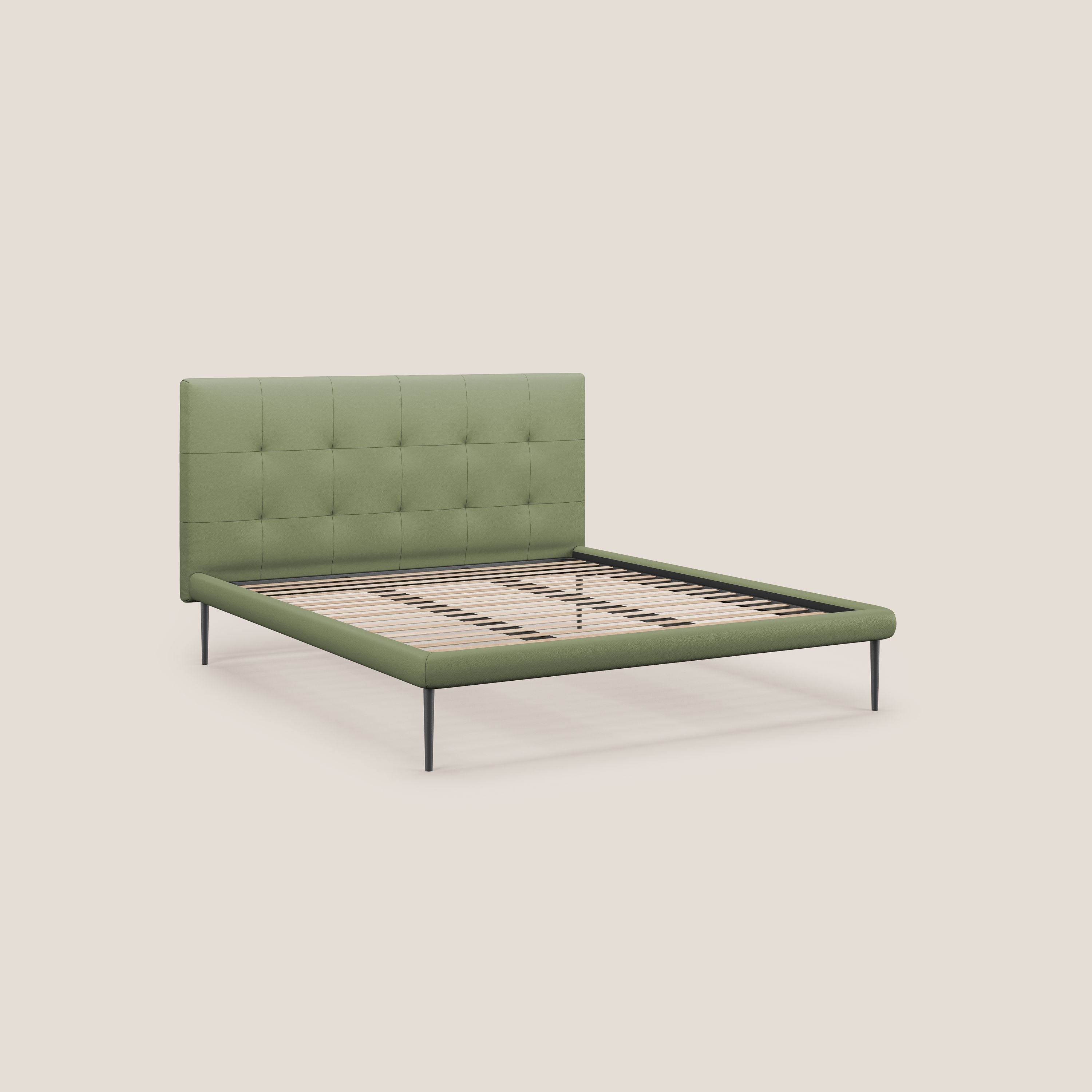 Midori letto imbottito trapuntato in ecopelle con piedini alti T04 verde - divani.store
