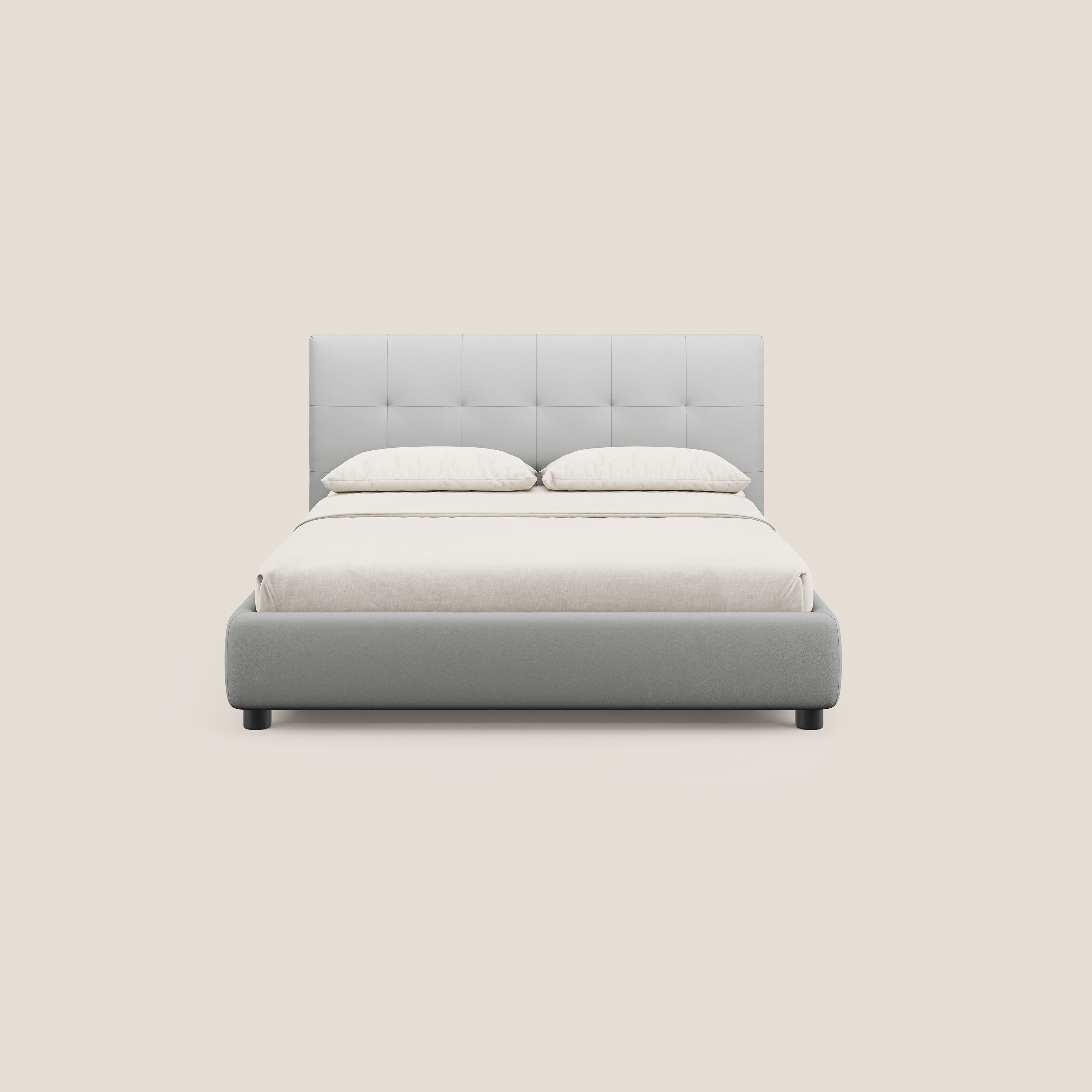 Minato letto imbottito contenitore con testata trapuntata in ecopelle impermeabile T04 grigio chiaro - divani.store