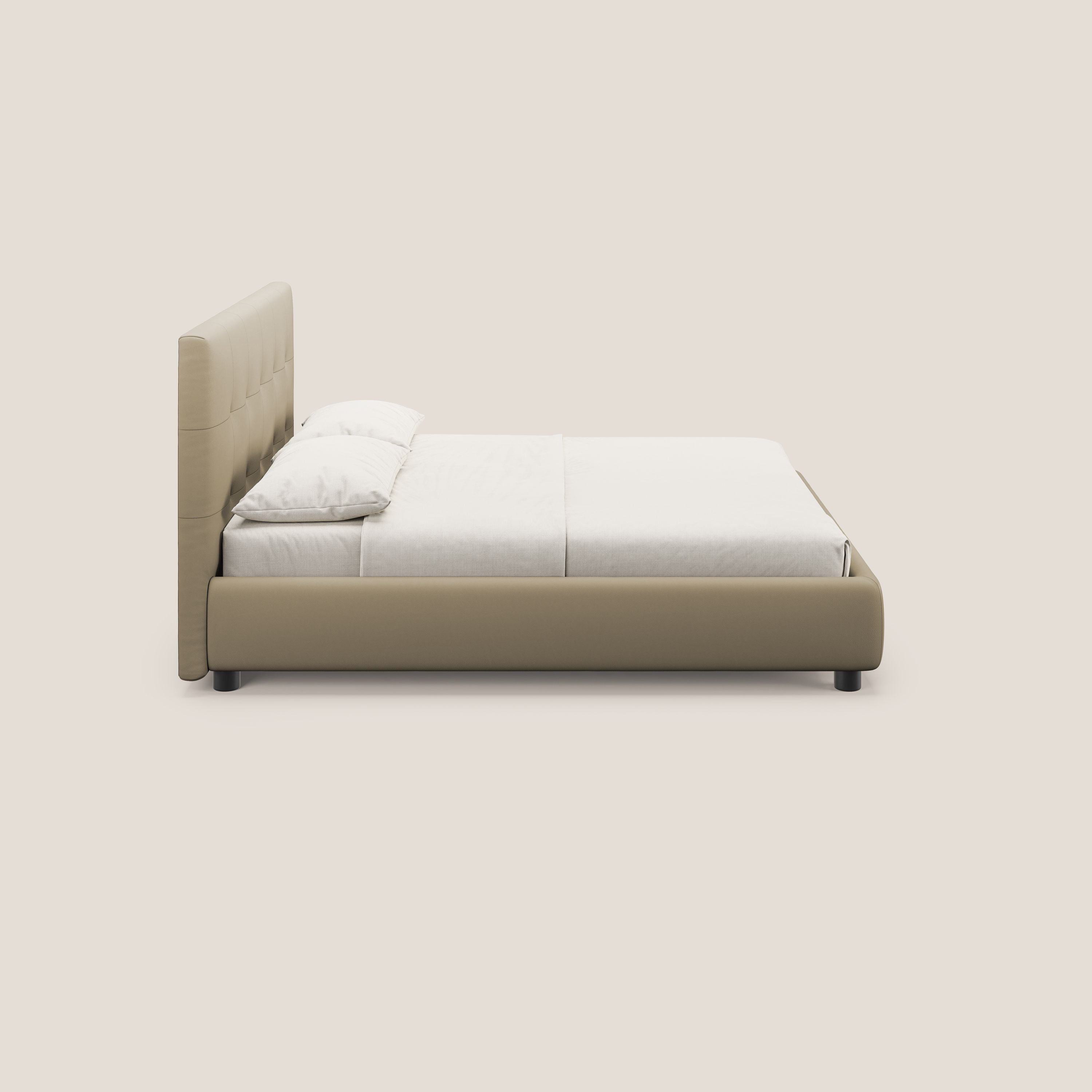 Minato letto imbottito contenitore con testata trapuntata in ecopelle impermeabile T04 beige - divani.store