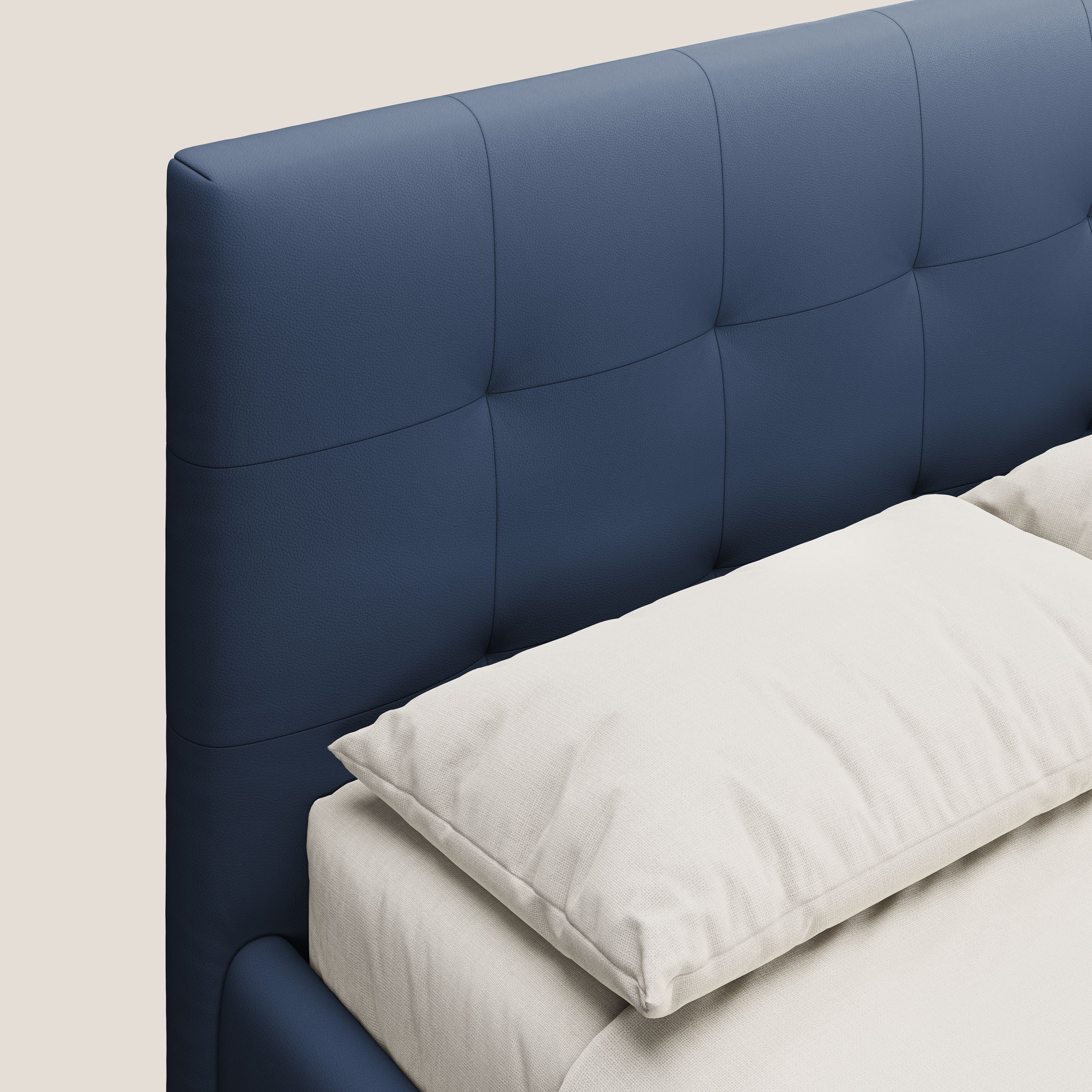 Minato letto imbottito contenitore con testata trapuntata in ecopelle impermeabile T04 blu - divani.store