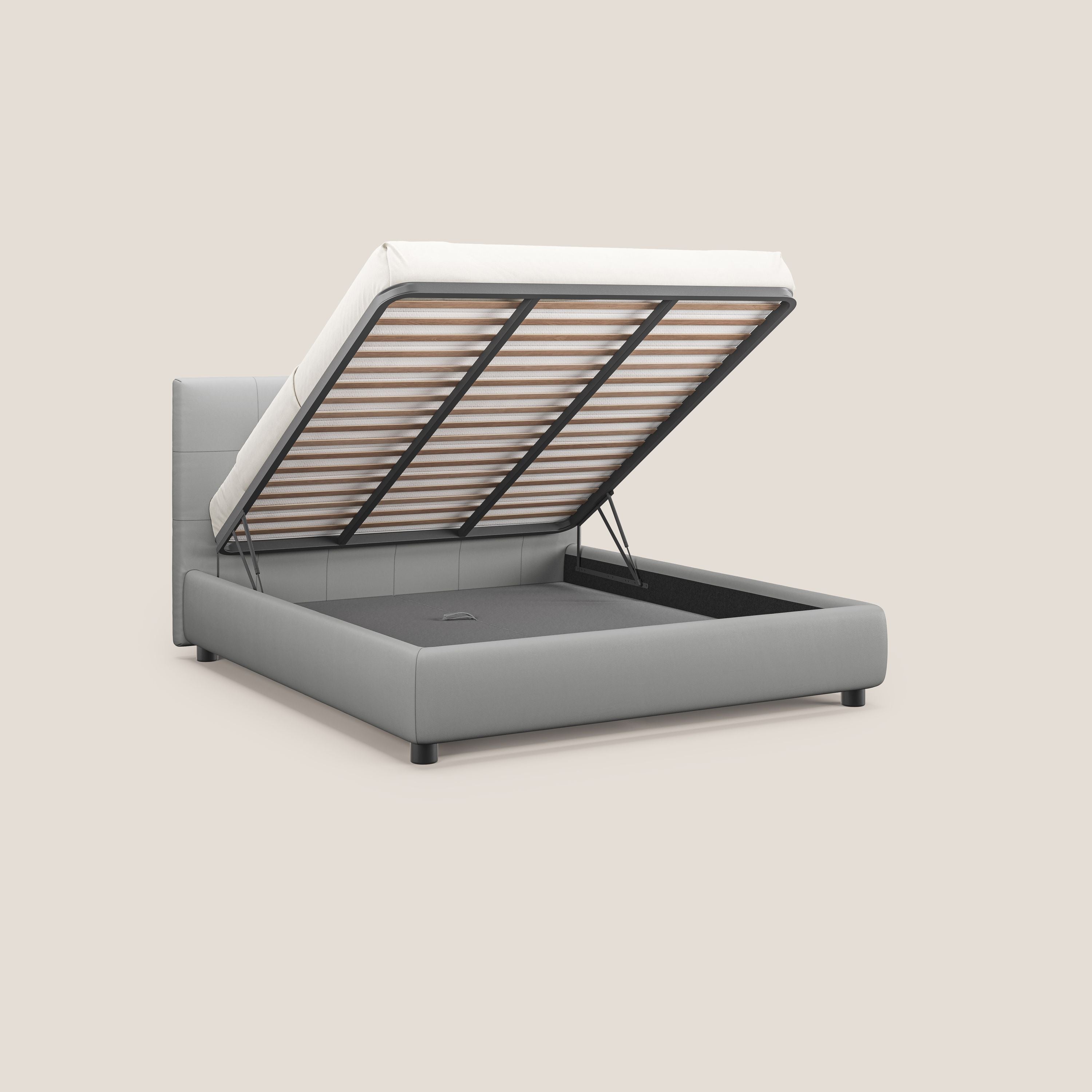 Minato letto imbottito contenitore con testata trapuntata in ecopelle impermeabile T04 grigio chiaro - divani.store