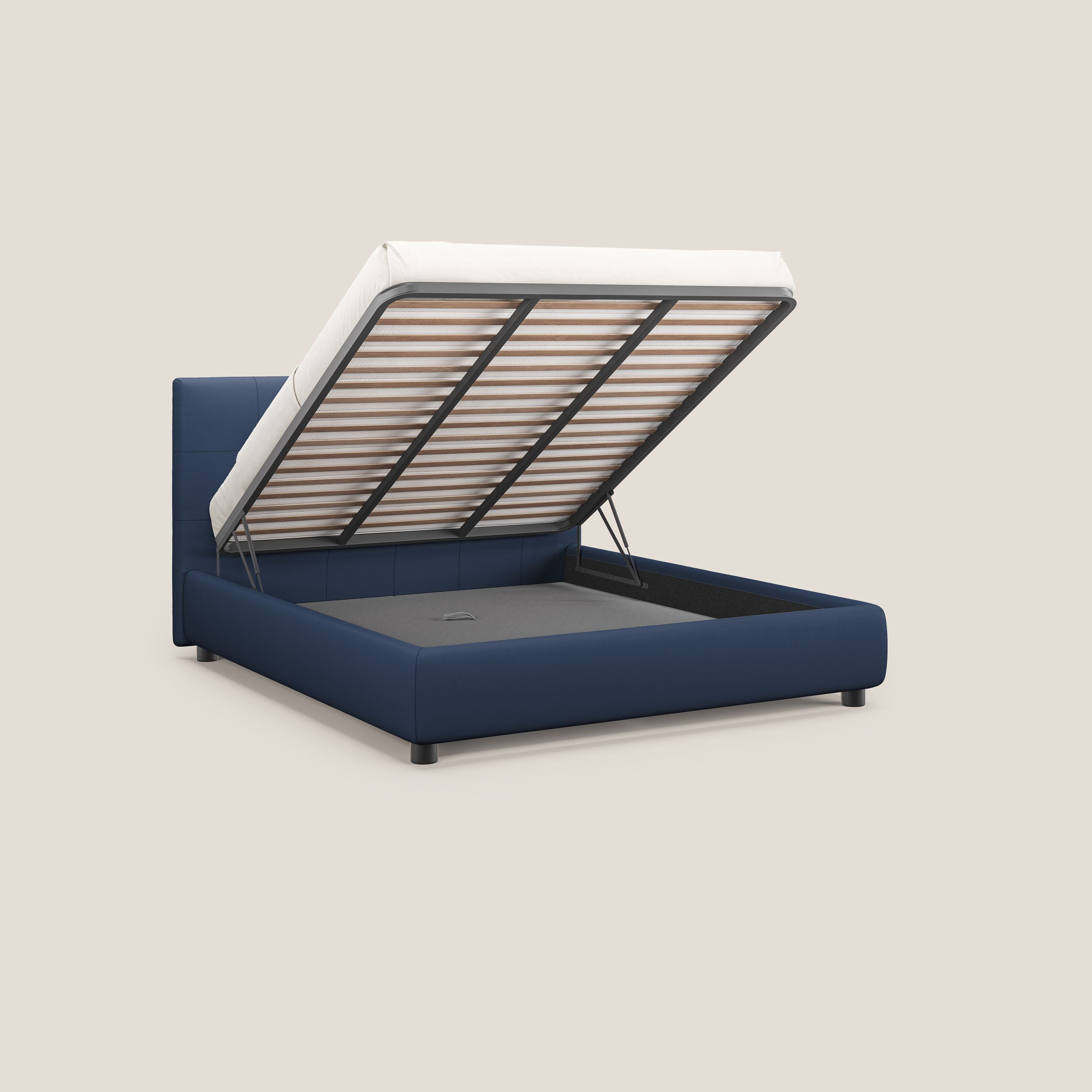 Minato letto imbottito contenitore con testata trapuntata in ecopelle impermeabile T04 blu - divani.store
