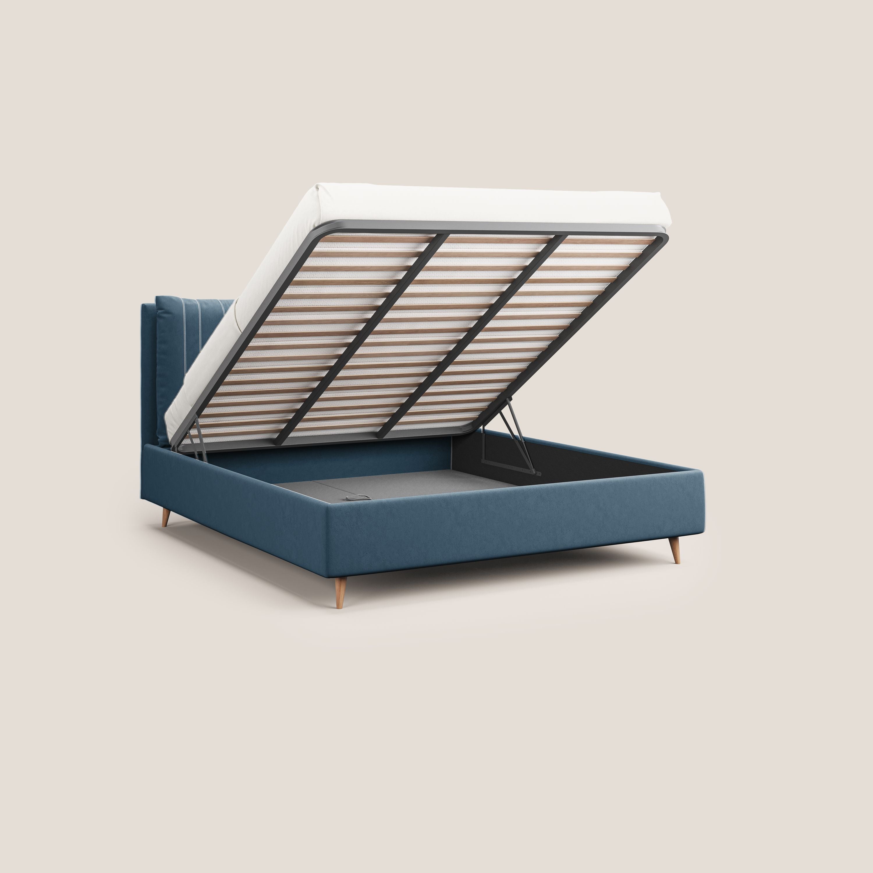 Nathan letto contenitore con cuscini regolabili con tasche in microfibra velluto impermeabile T09 blu - divani.store