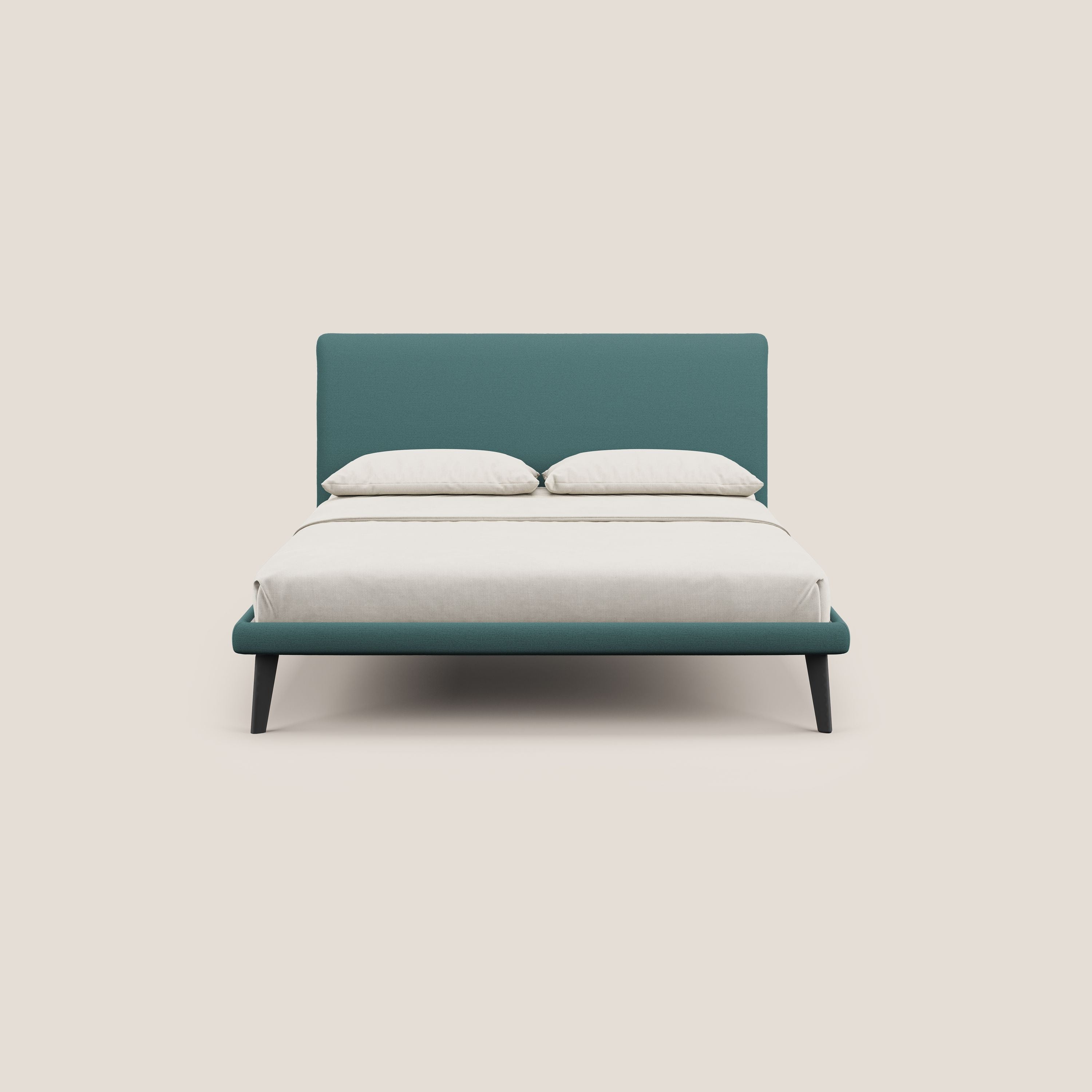 Noel letto minimal scandinavo con piedi in mogano e tessuto fiammato impermeabile T19 petrolio - divani.store