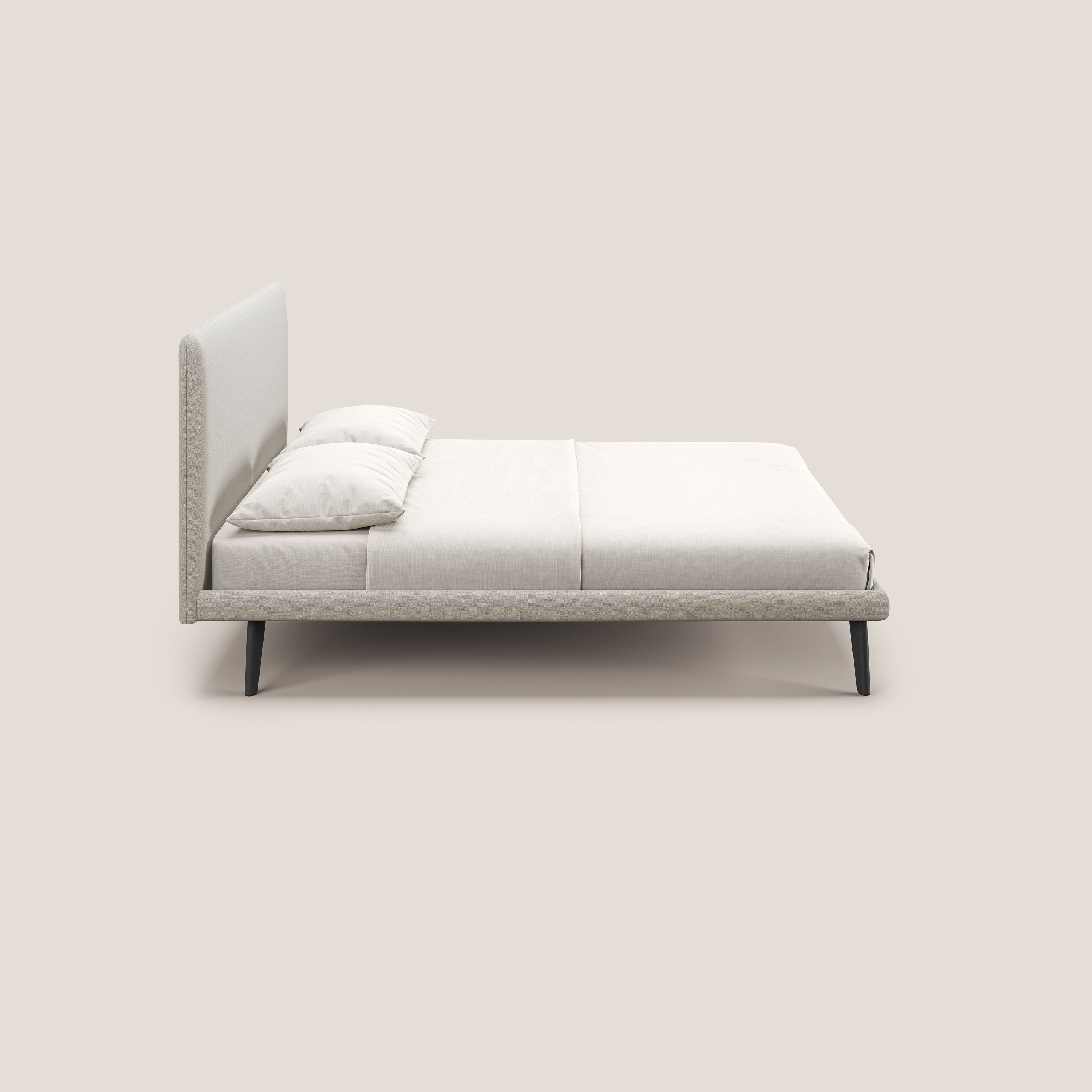 Noel letto minimal scandinavo con piedi in mogano e tessuto fiammato impermeabile T19 panna - divani.store