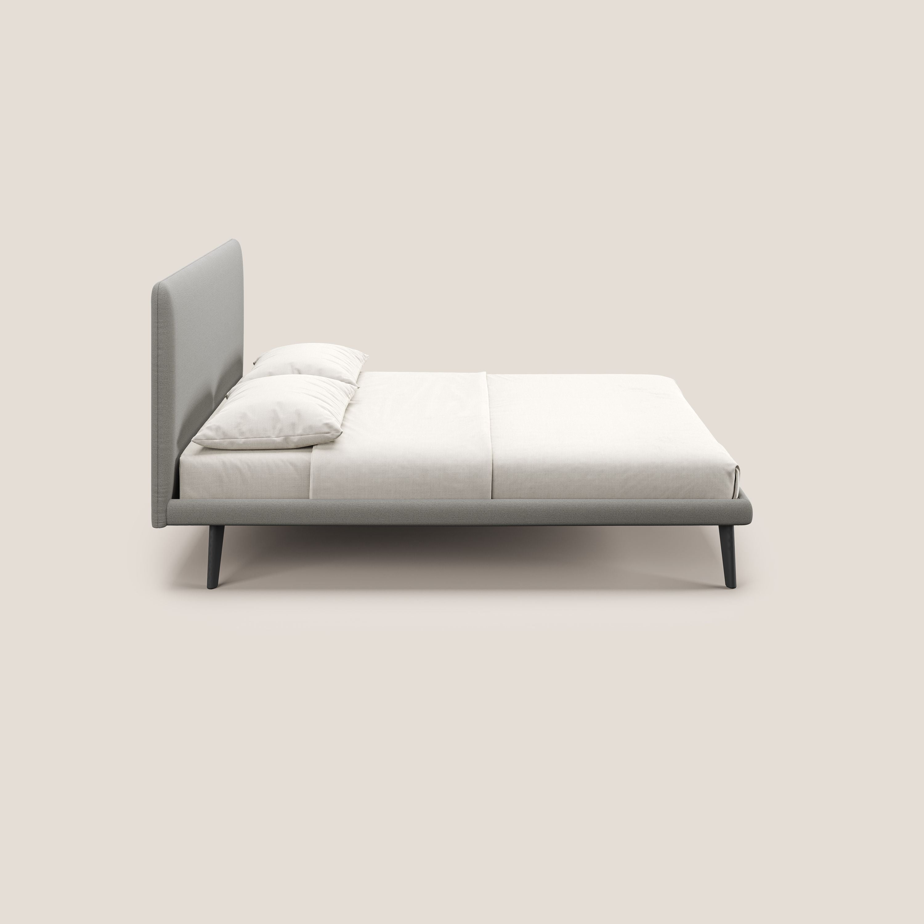 Noel letto minimal scandinavo con piedi in mogano e tessuto fiammato impermeabile T19 beige - divani.store