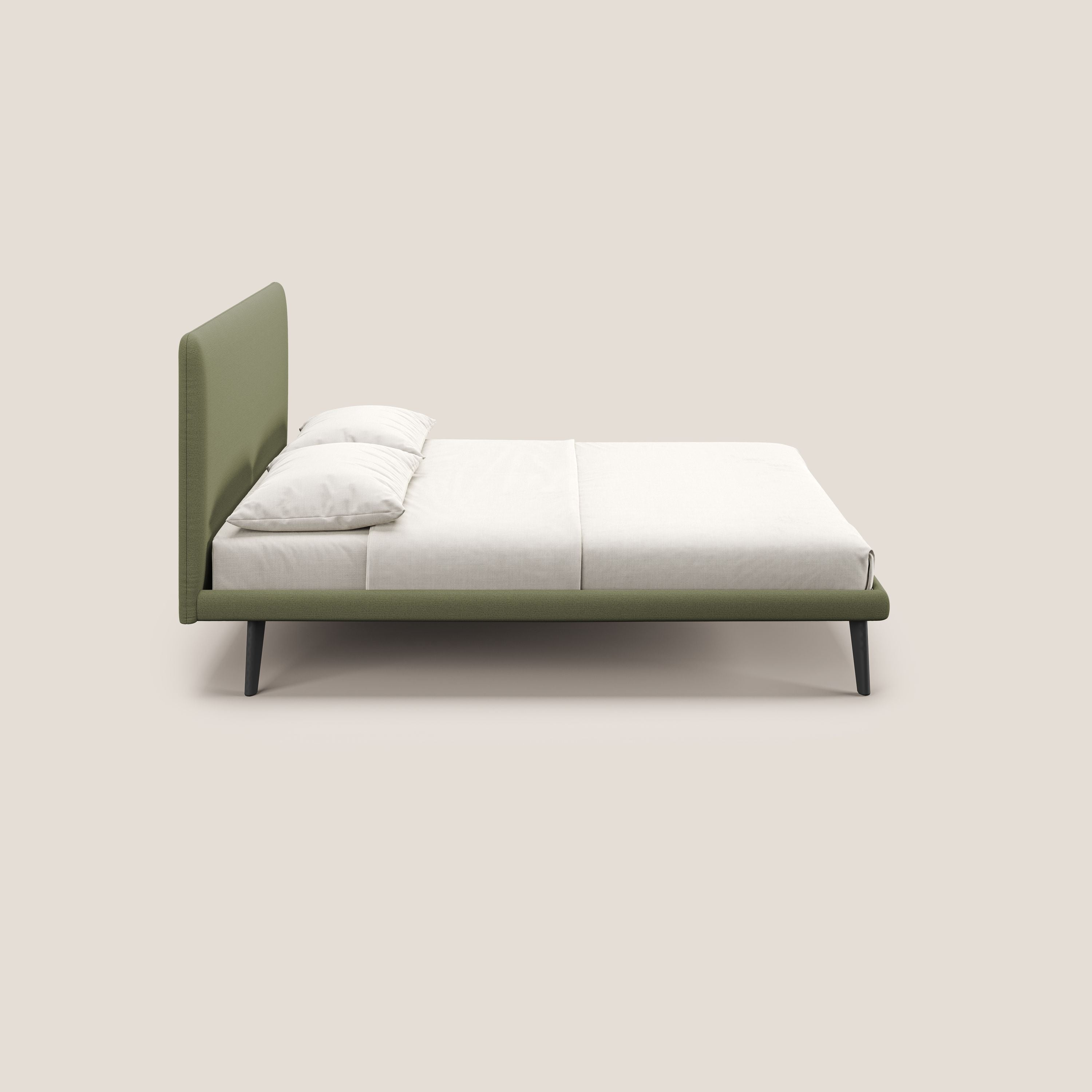 Noel letto minimal scandinavo con piedi in mogano e tessuto fiammato impermeabile T19 verde - divani.store