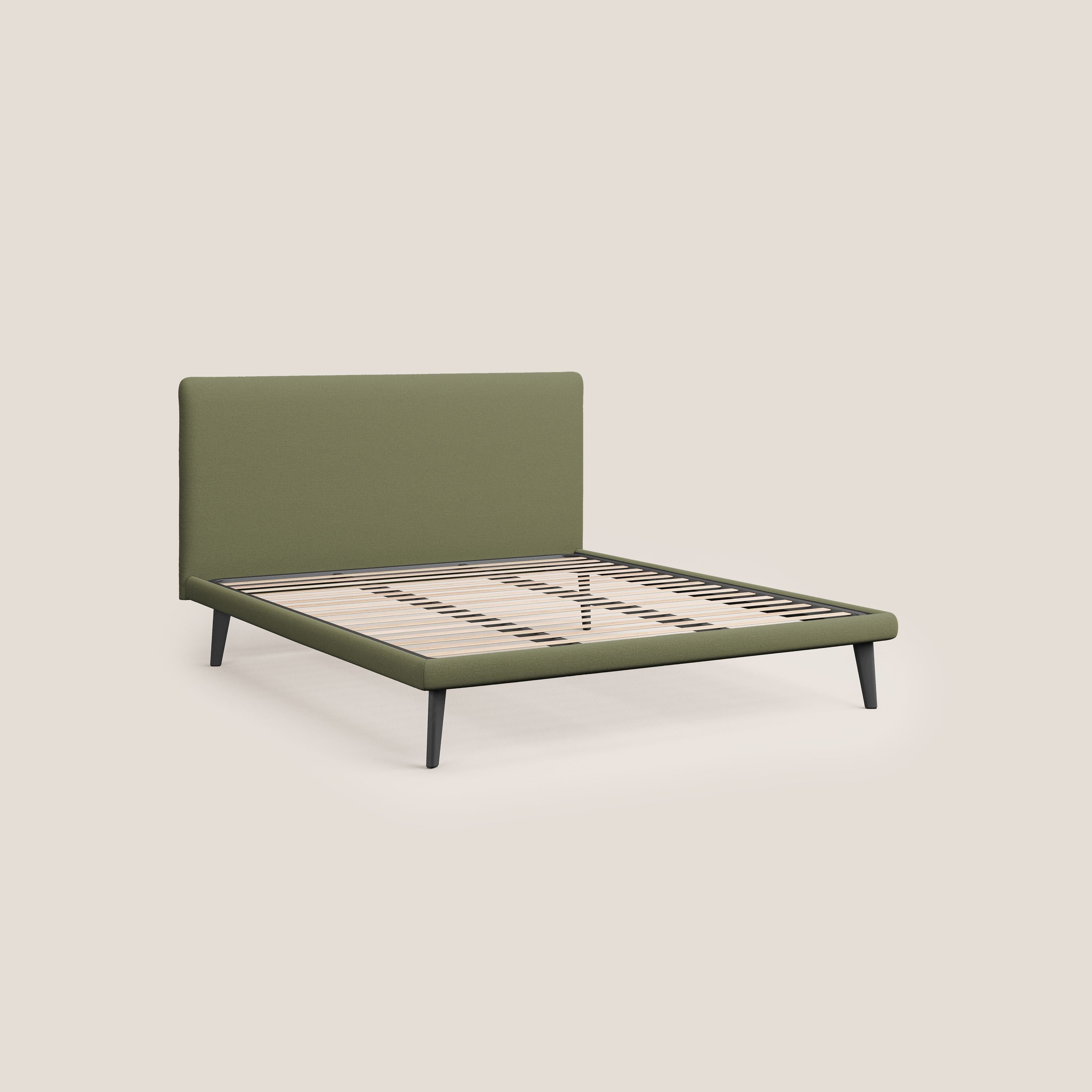 Noel letto minimal scandinavo con piedi in mogano e tessuto fiammato impermeabile T19 verde - divani.store