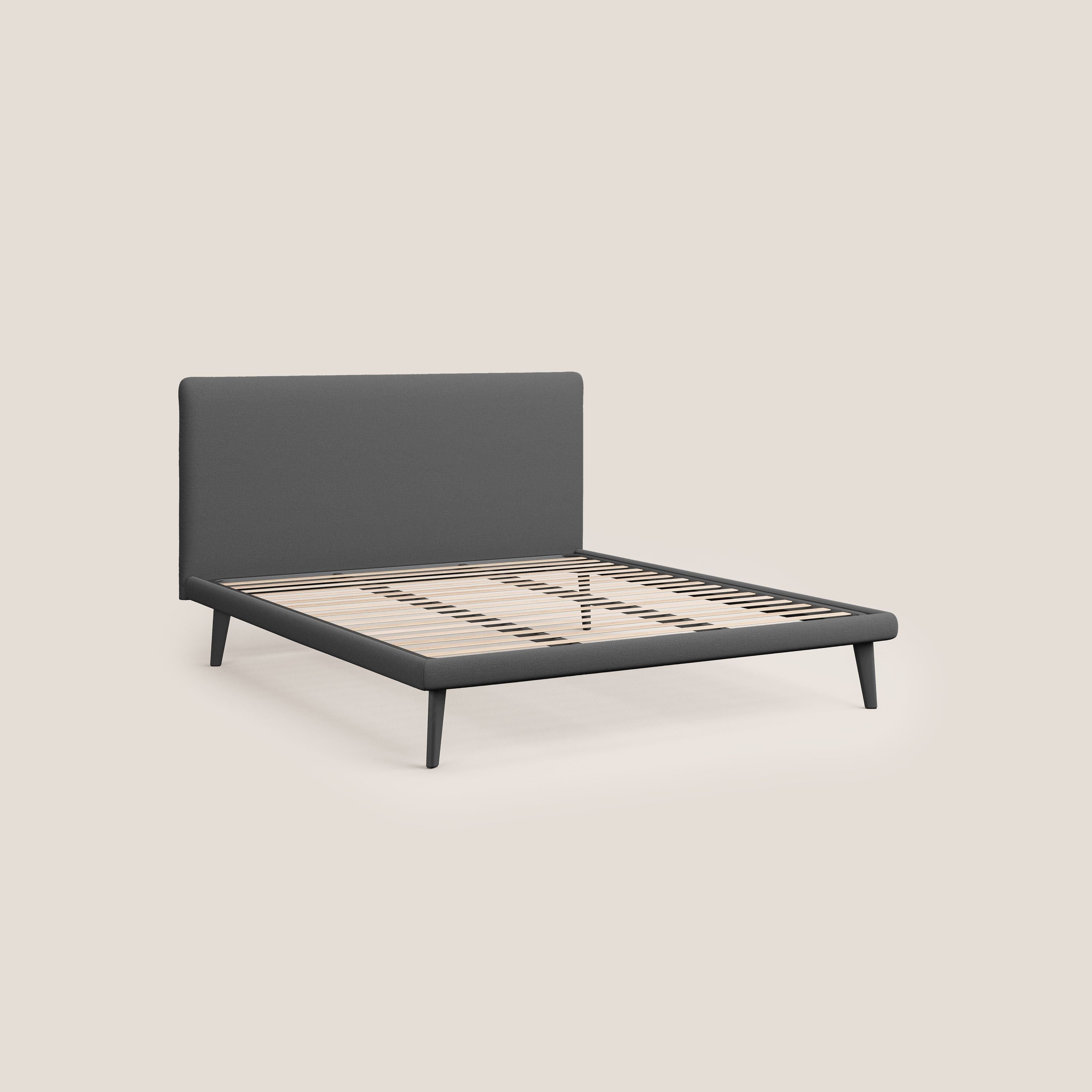 Noel letto minimal scandinavo con piedi in mogano e tessuto fiammato impermeabile T19 antracite - divani.store