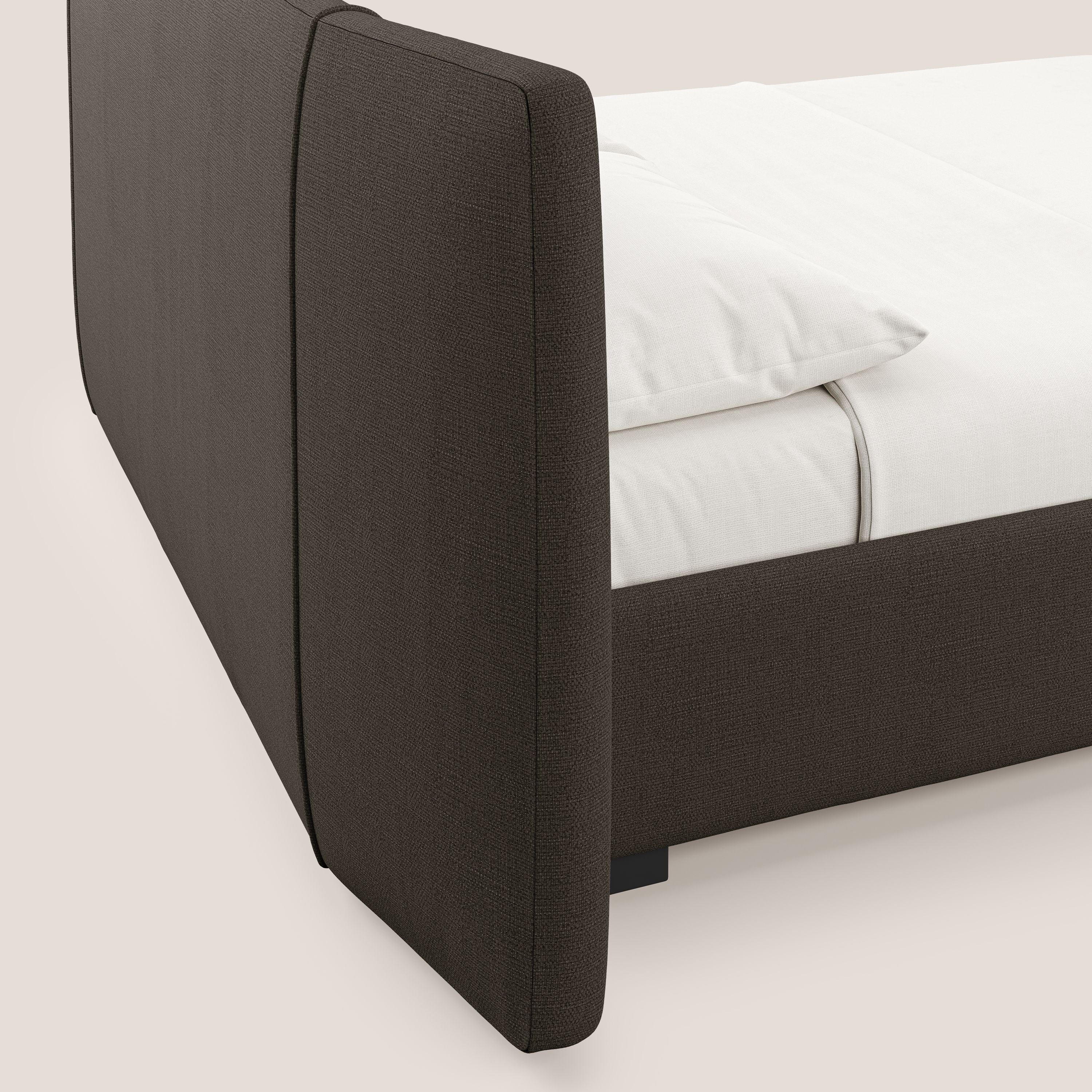 Omero letto imbottito contenitore sfoderabile in tessuto fiammato impermeabile T14 marrone - divani.store