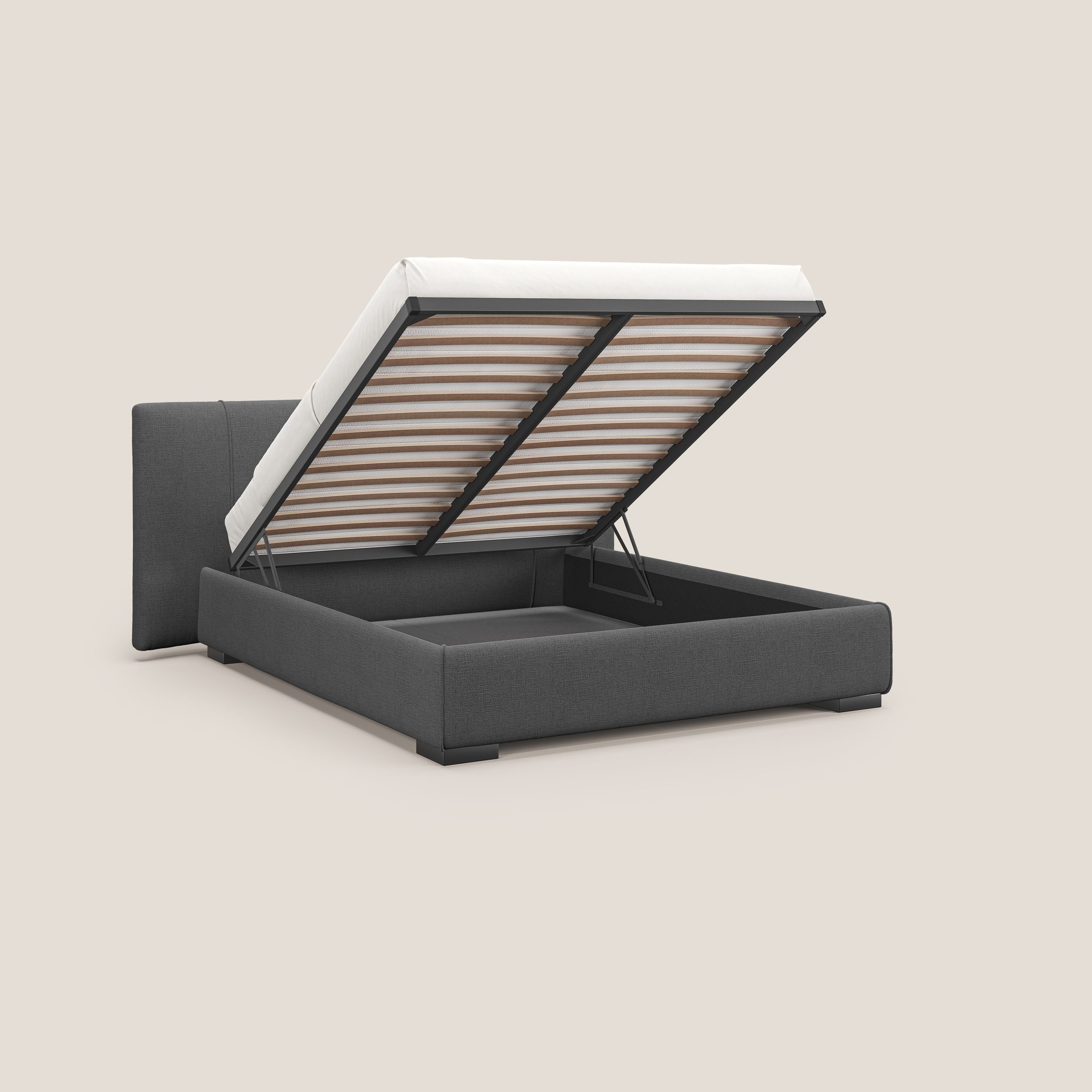 Omero letto imbottito contenitore sfoderabile in tessuto fiammato impermeabile T14 grigio - divani.store
