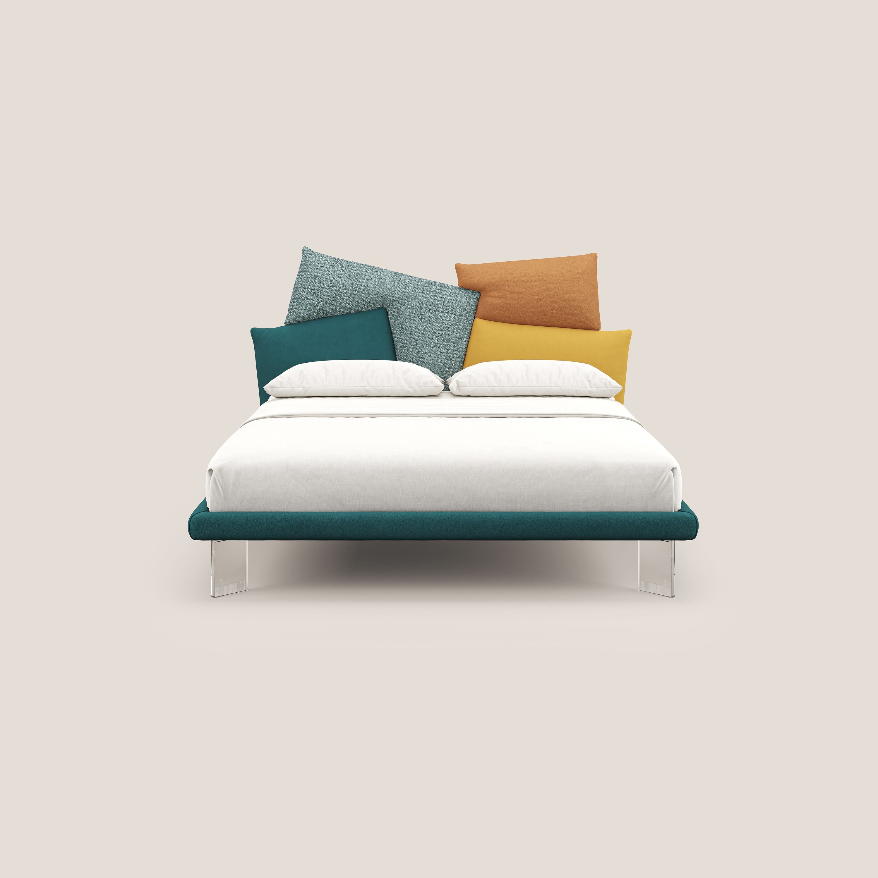 Rebus letto imbottito dal design moderno con piedi trasparenti in plexiglass petrolio - divani.store