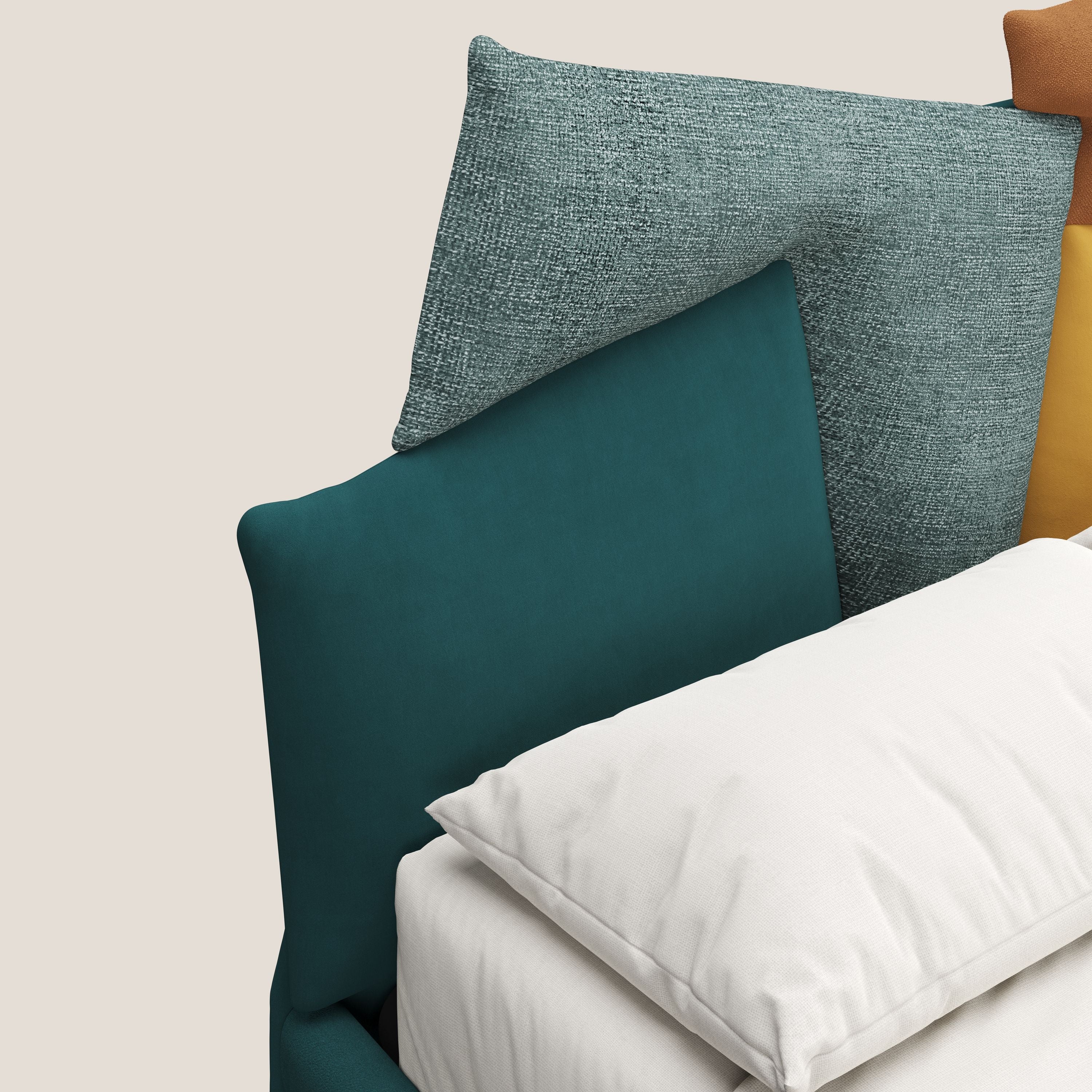 Rebus letto imbottito dal design moderno con piedi trasparenti in plexiglass petrolio - divani.store