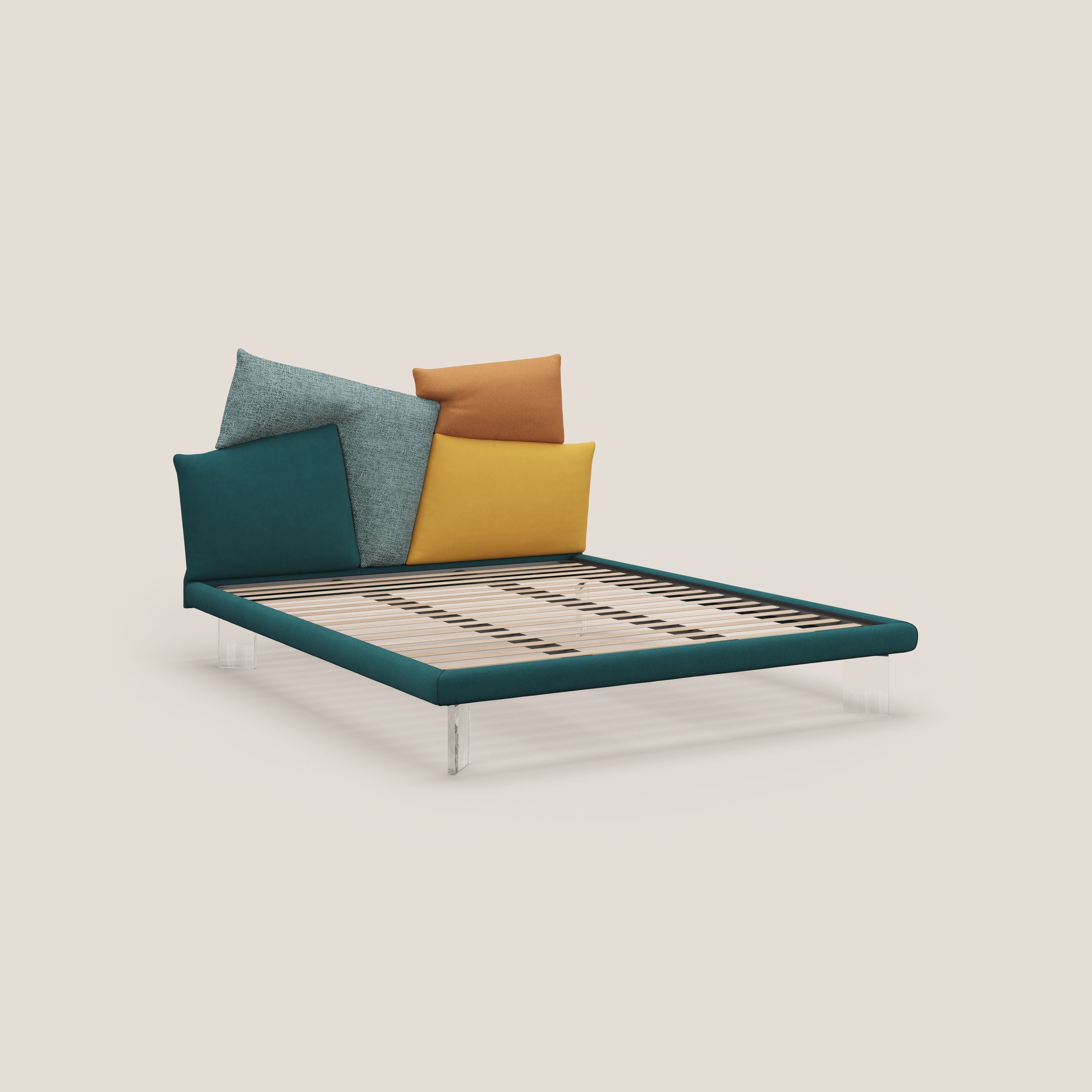 Rebus letto imbottito dal design moderno con piedi trasparenti in plexiglass petrolio - divani.store