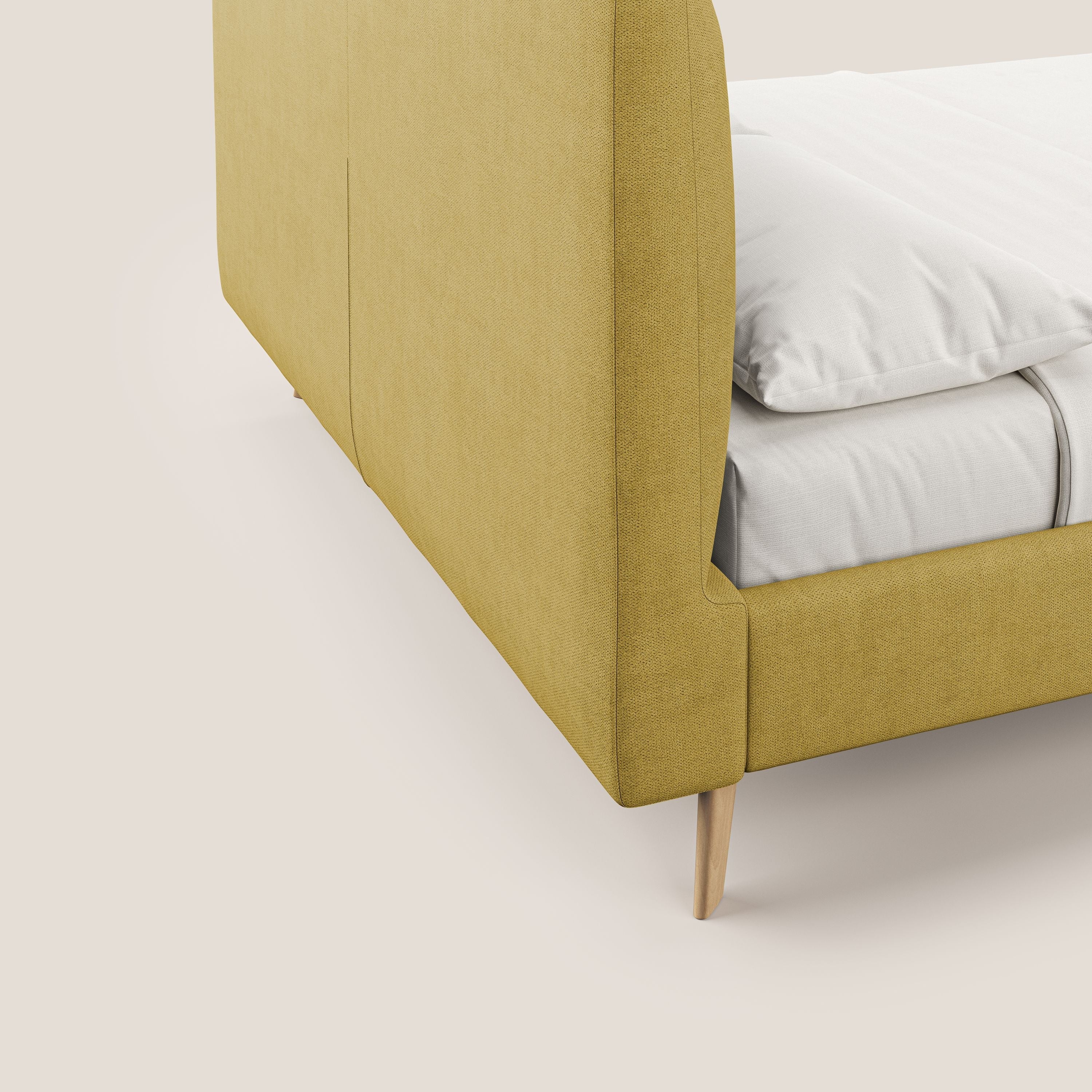 Selene letto imbottito con piedini naturali sfoderabile in tessuto impermeabile T02 giallo - divani.store
