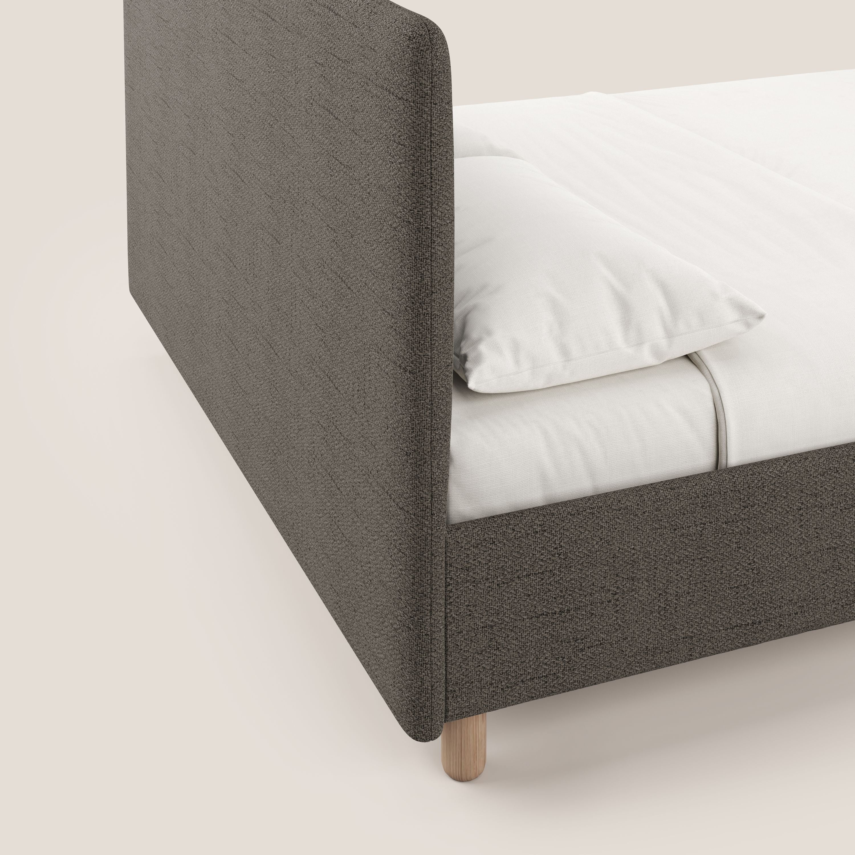 Serena letto contenitore salvaspazio scandinavo in tessuto fiammato impermeabile T03 talpa - divani.store