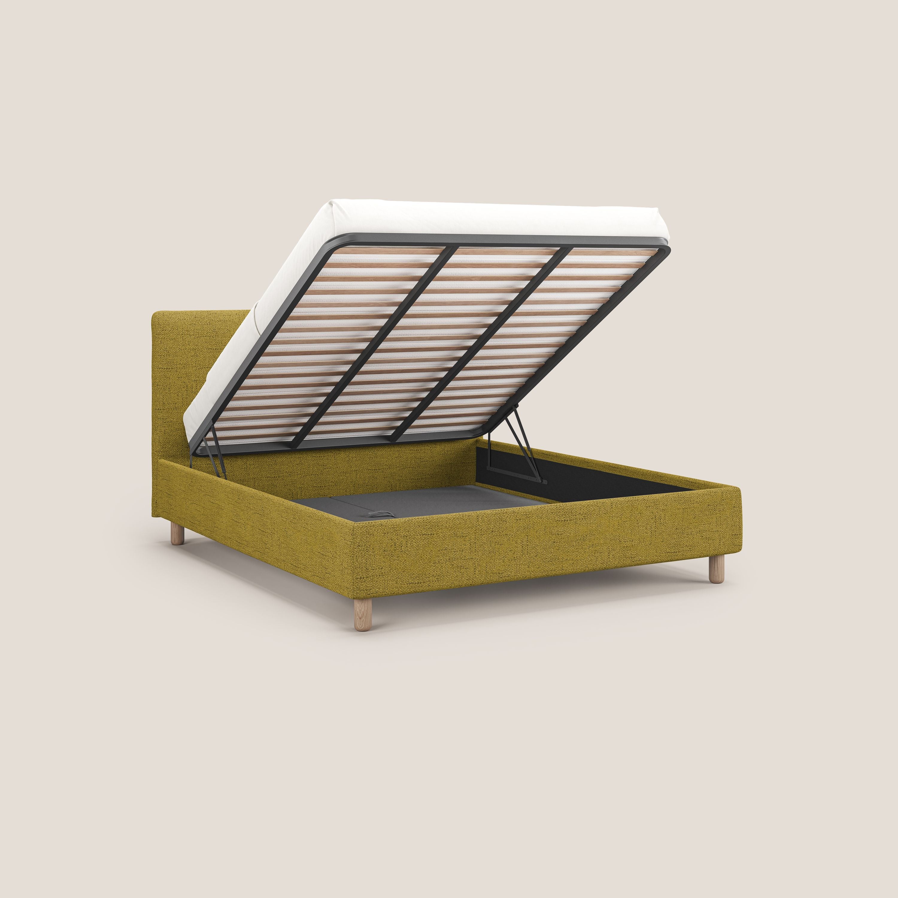 Serena letto contenitore salvaspazio scandinavo in tessuto fiammato impermeabile T03 giallo - divani.store