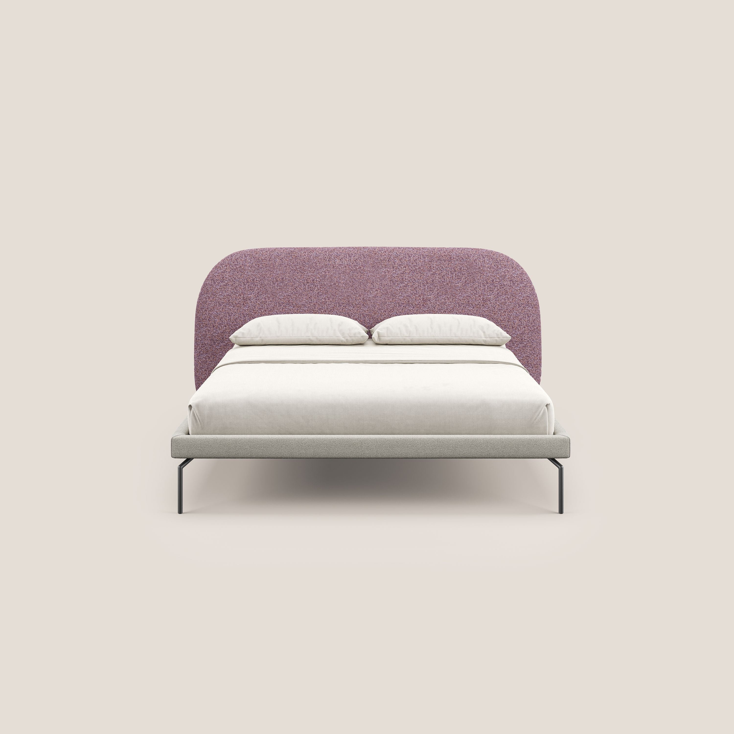 Soleil letto imbottito di design con piedi alti in metallo in bouclet smacchiabile T12 viola - divani.store