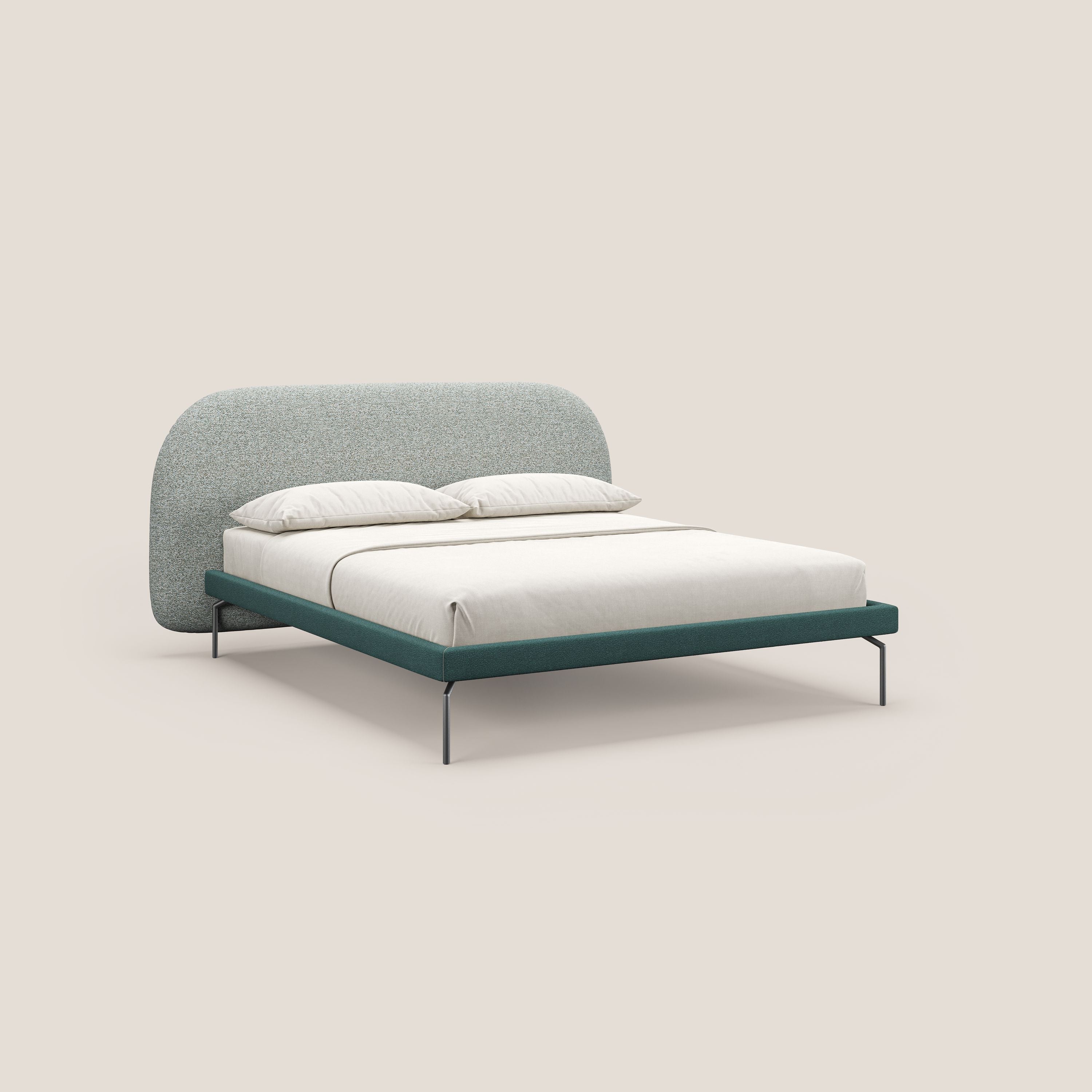 Soleil letto imbottito di design con piedi alti in metallo in bouclet smacchiabile T12 verde - divani.store