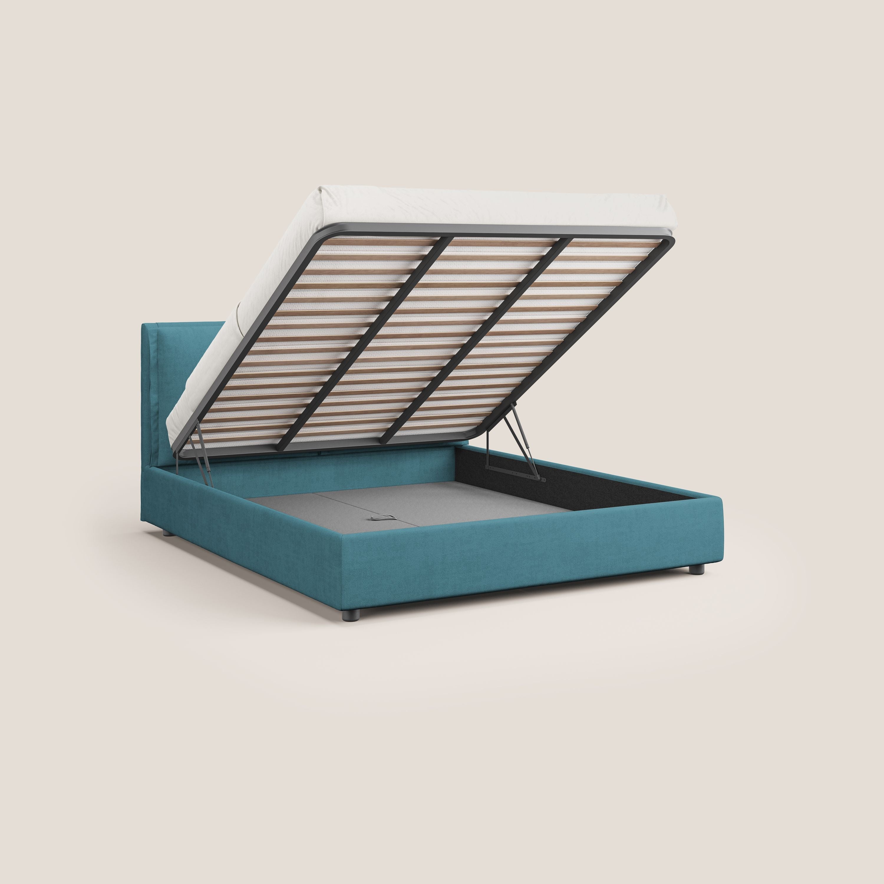 Travis letto contenitore con cuscini mobili trapuntati in tessuto impermeabile T02 azzurro - divani.store