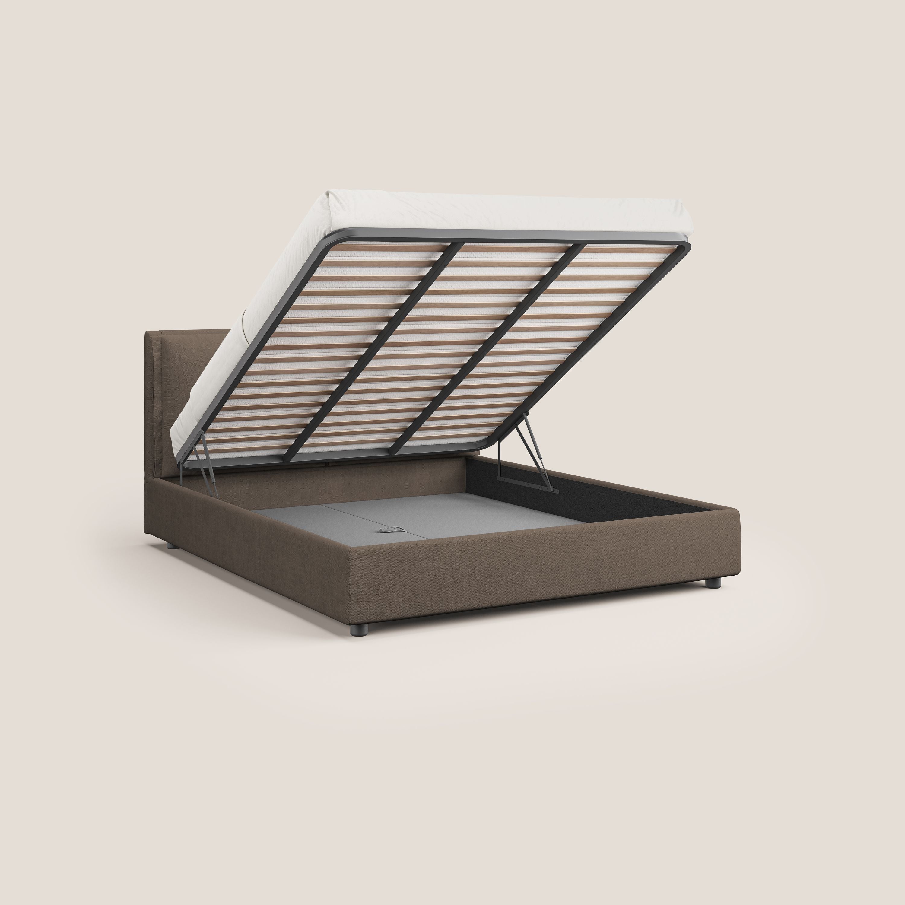 Travis letto contenitore con cuscini mobili trapuntati in tessuto impermeabile T02 marrone - divani.store