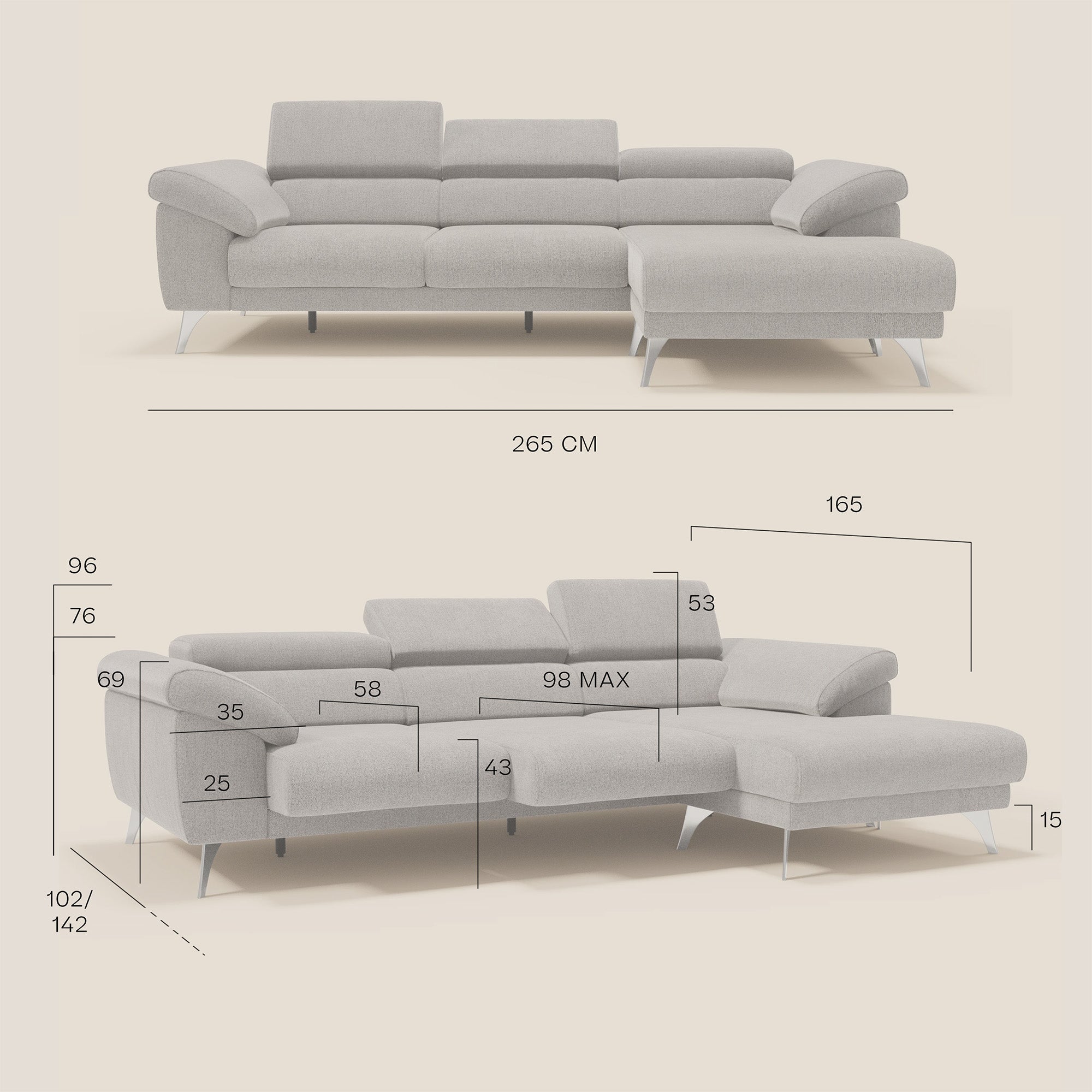 Donatello Ecksofa mit verschiebbaren Sitzen, Armlehnen mit Stauraum und Kopfstütze aus weichem, abwaschbarem Stoff T23 graphitblau