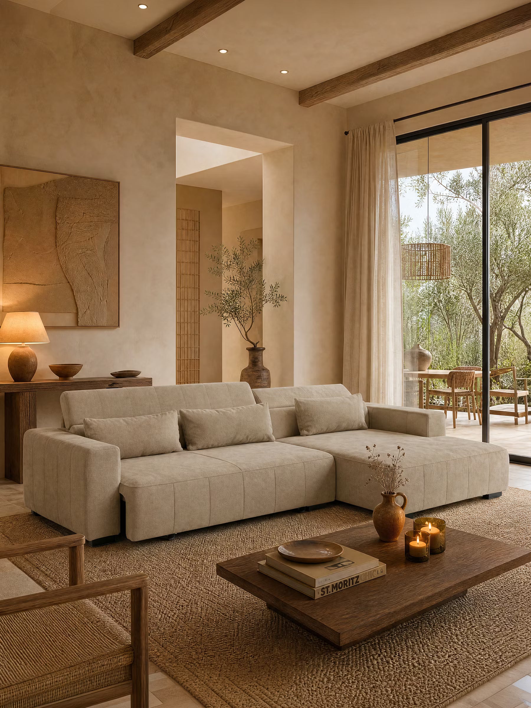 Doric Divano angolare con penisola e sedute allungabili con relax elettrico - poggiatesta reclinabili in tessuto smacchiabile T23
