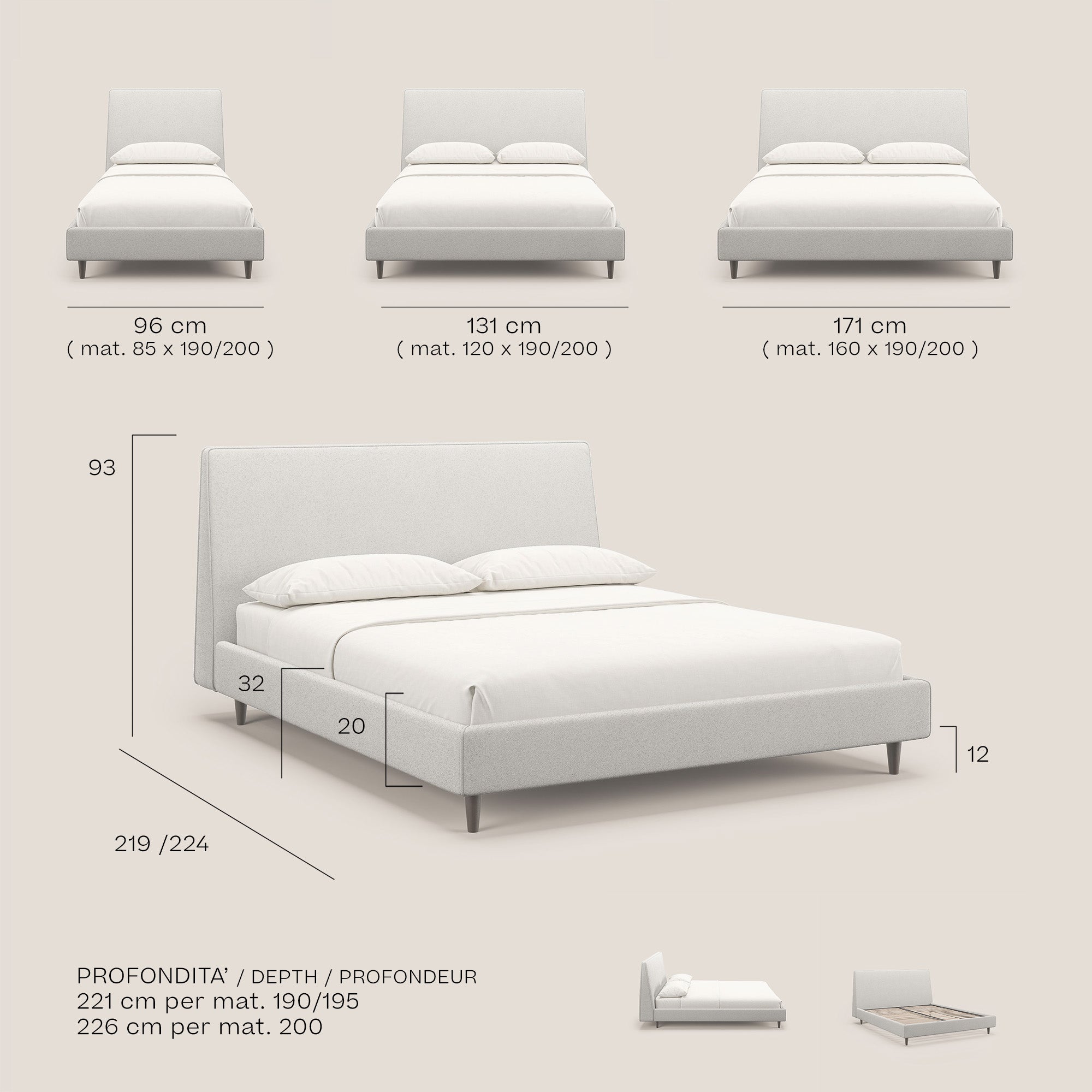 Dorotea letto imbottito con piedi in legno in morbido bouclé impermeabile T07 bianco - divani.store