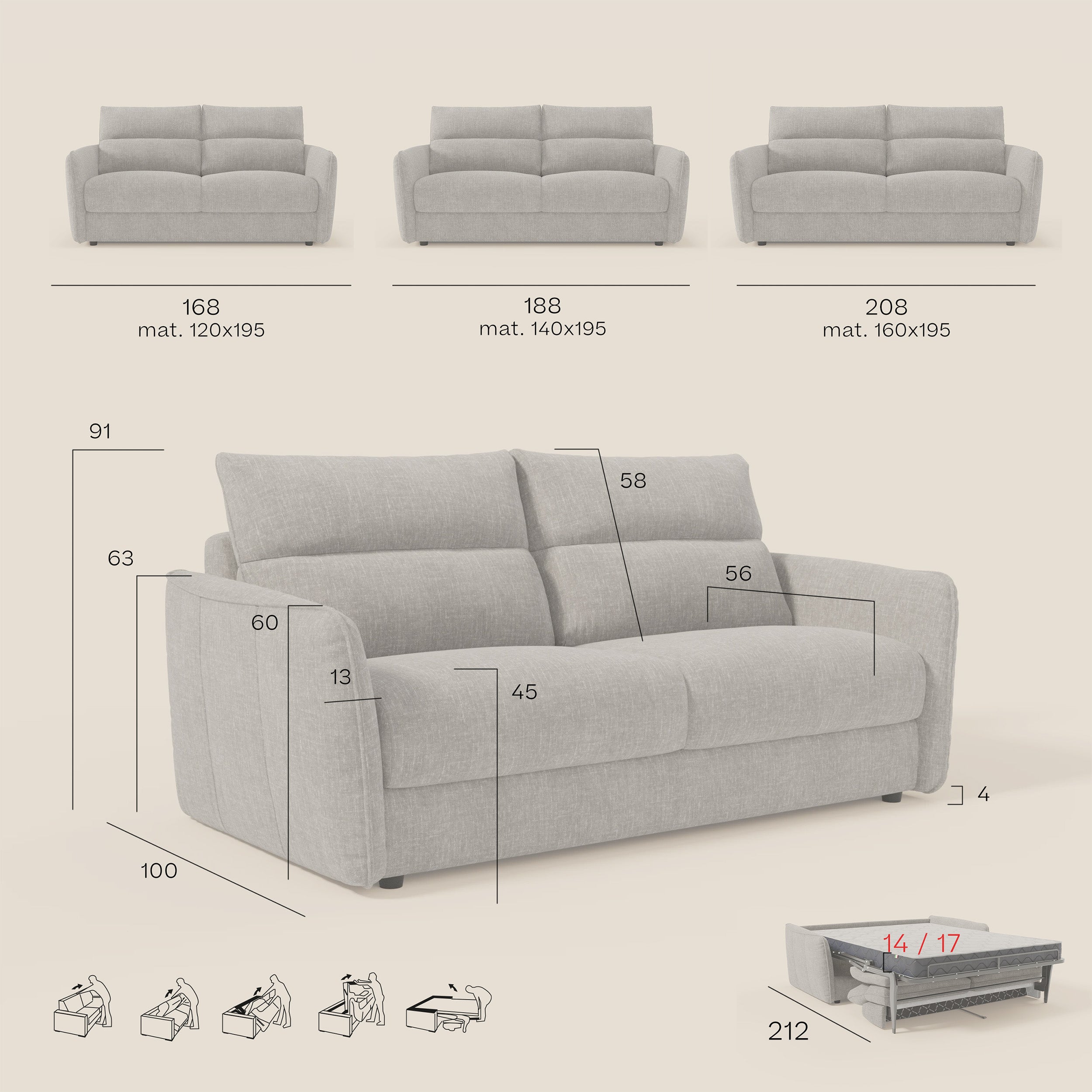 Elios Schlafsofa mit weichen Rückenkissen aus abwaschbarem Stoff T24 graubeige