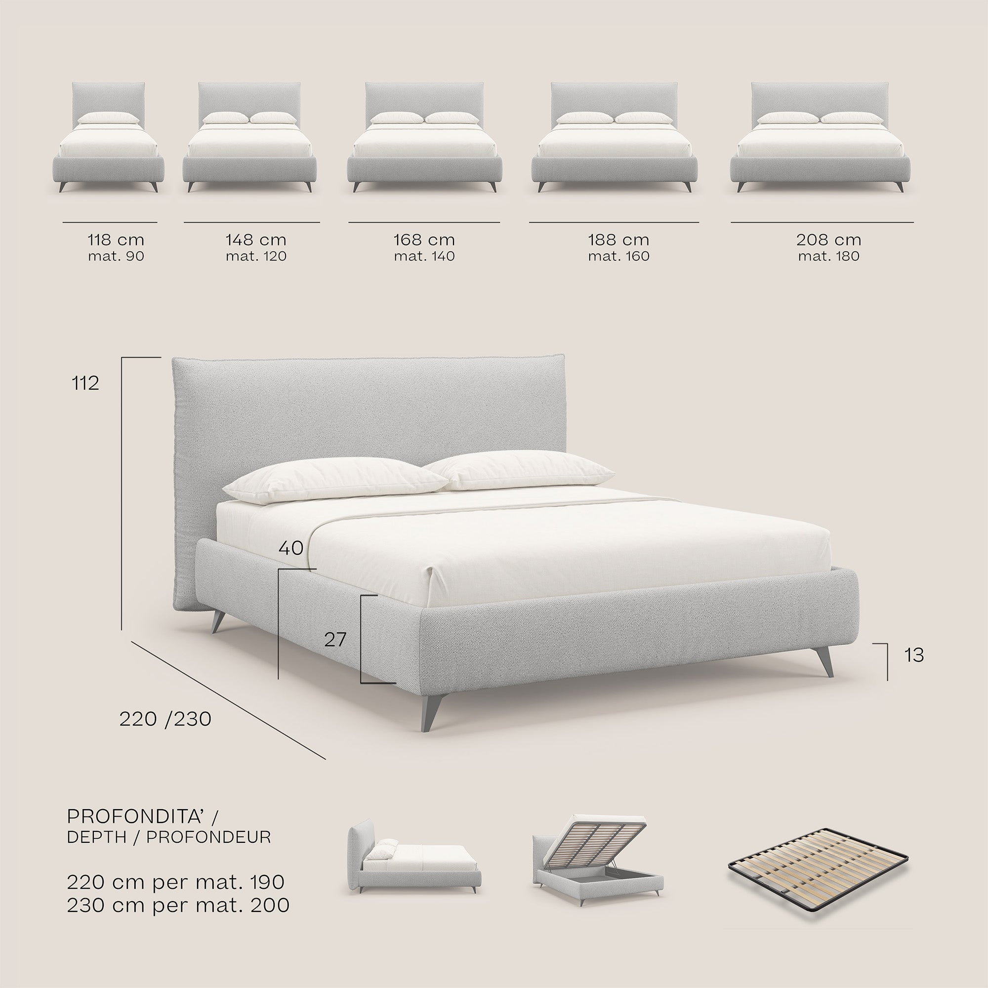 EROS letto imbottito in piuma con vano contenitore in pregiato e fresco bouclet smacchiabile T16 azzurro - divani.store