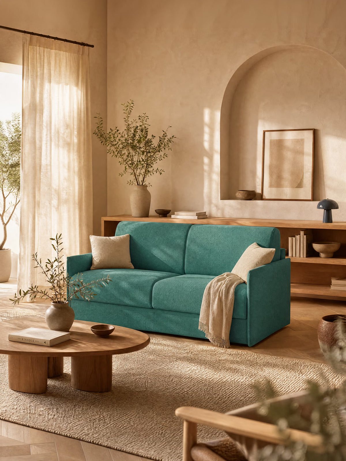 Un divano letto matrimoniale sfoderabile Evans di Divani.Store, caratterizzato da un design compatto e da un tessuto T23 color verde acqua resistente alle macchie, con un pratico vano porta-cuscini, è collocato in un soggiorno inondato di luce. Il divano è impreziosito da cuscini beige e da un plaid, che risaltano sulle pareti dai toni neutri. Accanto si trova un tavolino in legno, mentre le piante nei vasi donano freschezza all’ambiente. L’arredamento minimalista — che comprende quadri incorniciati,