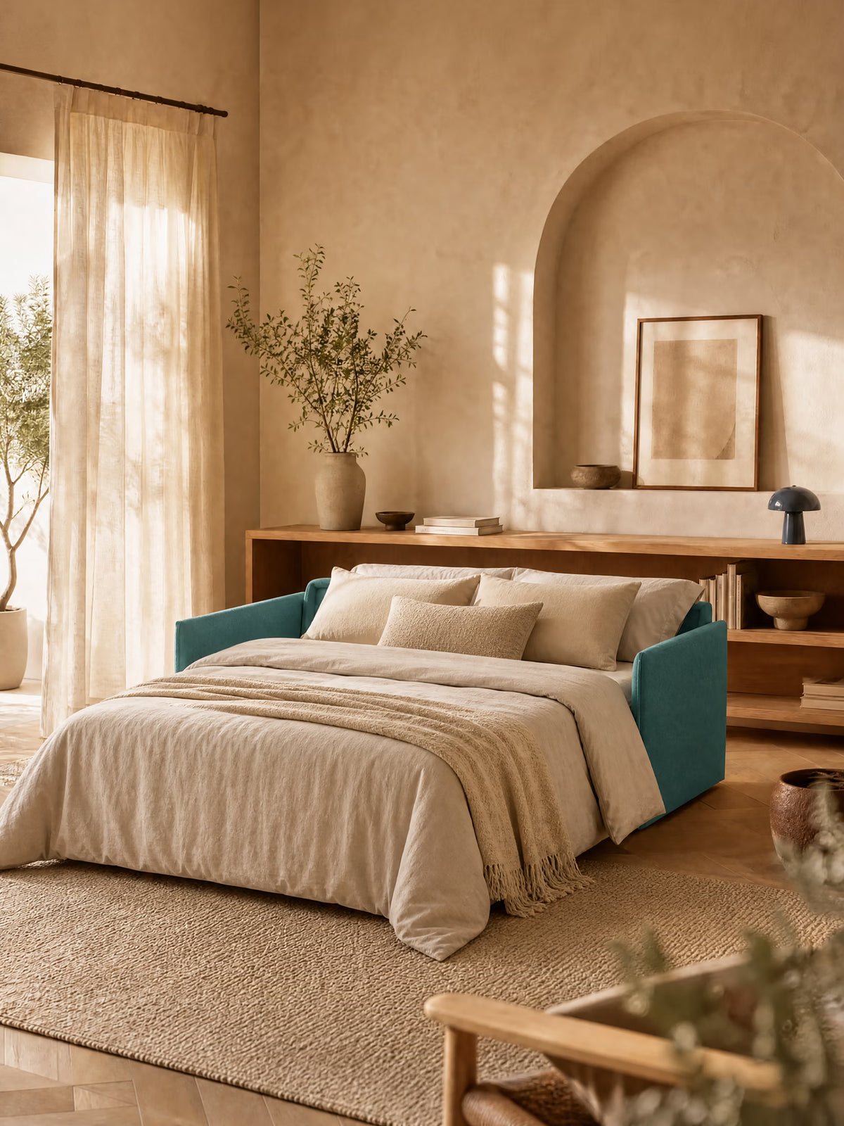 Un'accogliente camera da letto con pareti beige presenta un letto imbottito color verde acqua, rivestito con biancheria da letto e cuscini color cuoio, impreziosita da un tappeto intrecciato, piante in vaso, tende trasparenti, scaffali a muro e decorazioni minimaliste come una stampa incorniciata e vasi dai toni neutri. Lo spazio include il divano letto matrimoniale sfoderabile Evans di Divani.Store — un divano letto compatto ed elegante realizzato in tessuto T23 resistente alle macchie e dotato di un