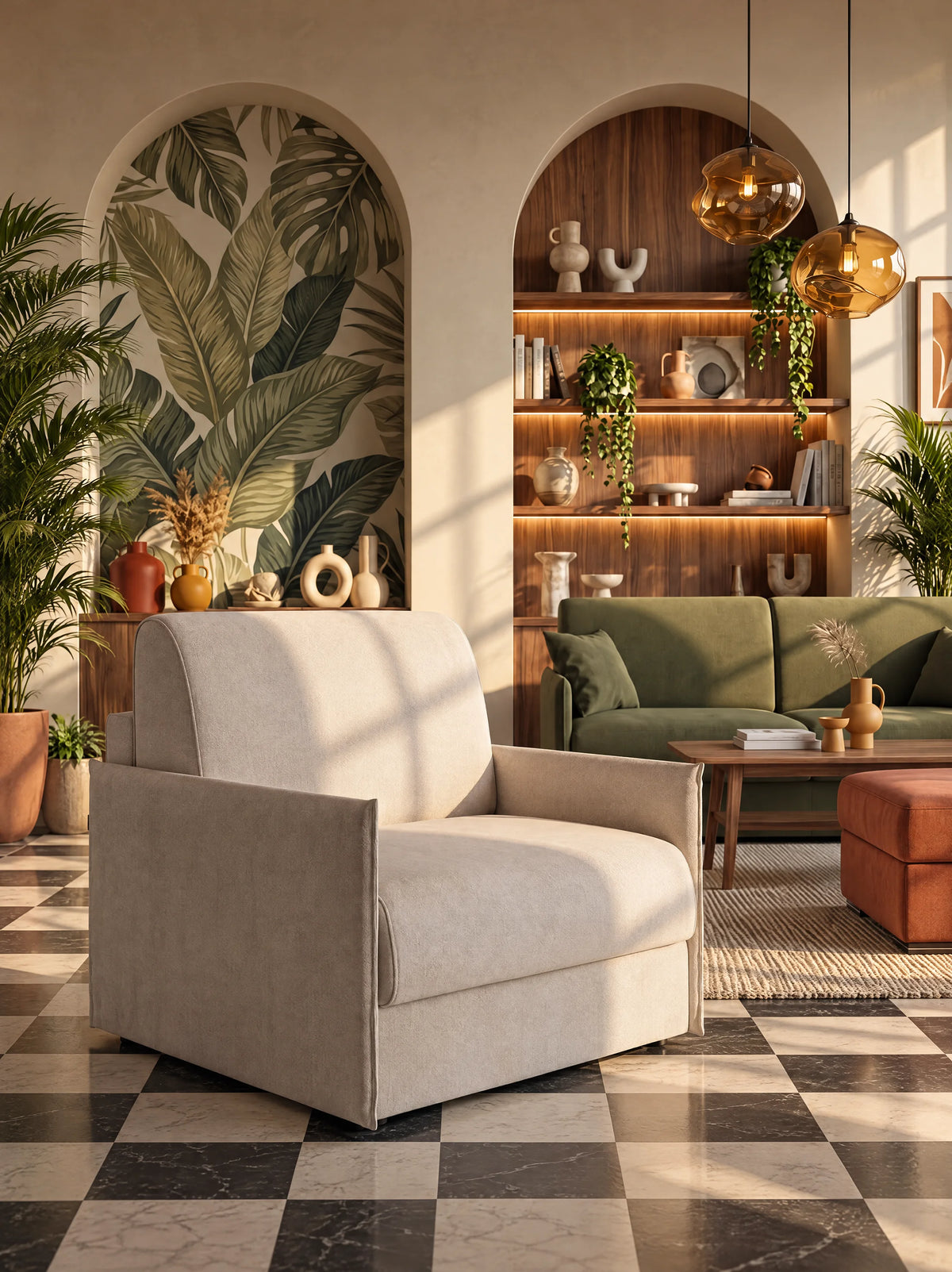 Un luminoso soggiorno con pavimento a scacchi, una poltrona beige, un divano verde, mensole in legno adornate da piante e oggetti decorativi, un grande murale con foglie, piante in vaso, lampade a sospensione rotonde e la calda luce del sole che filtra attraverso nicchie ad arco: perfetto per rilassarsi sulla poltrona letto compatta Evans con materasso di Divani.Store. Questa poltrona sfoderabile in tessuto smacchiabile T23 offre sia un comfort eccezionale che una pratica soluzione salvaspazio per