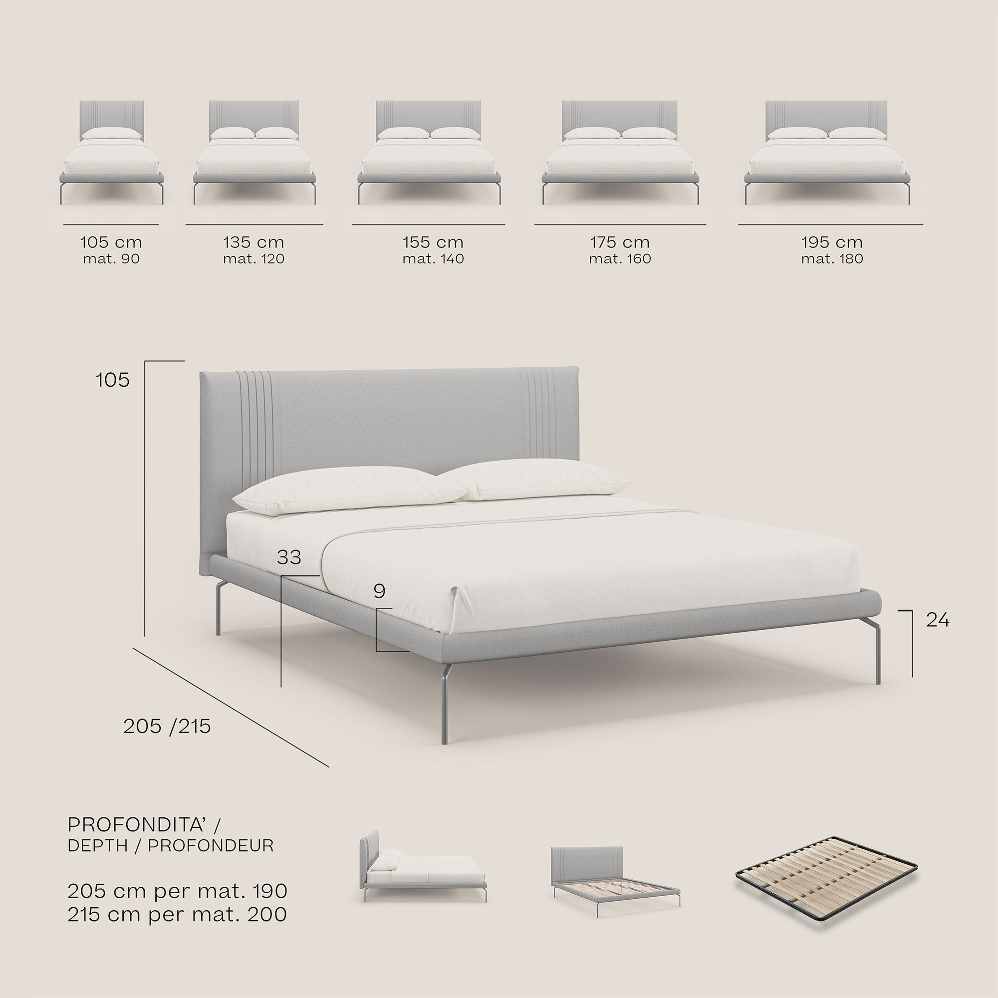 Finn letto imbottito con piedi alti in metallo in tessuto smacchiabile T05 grigio - divani.store