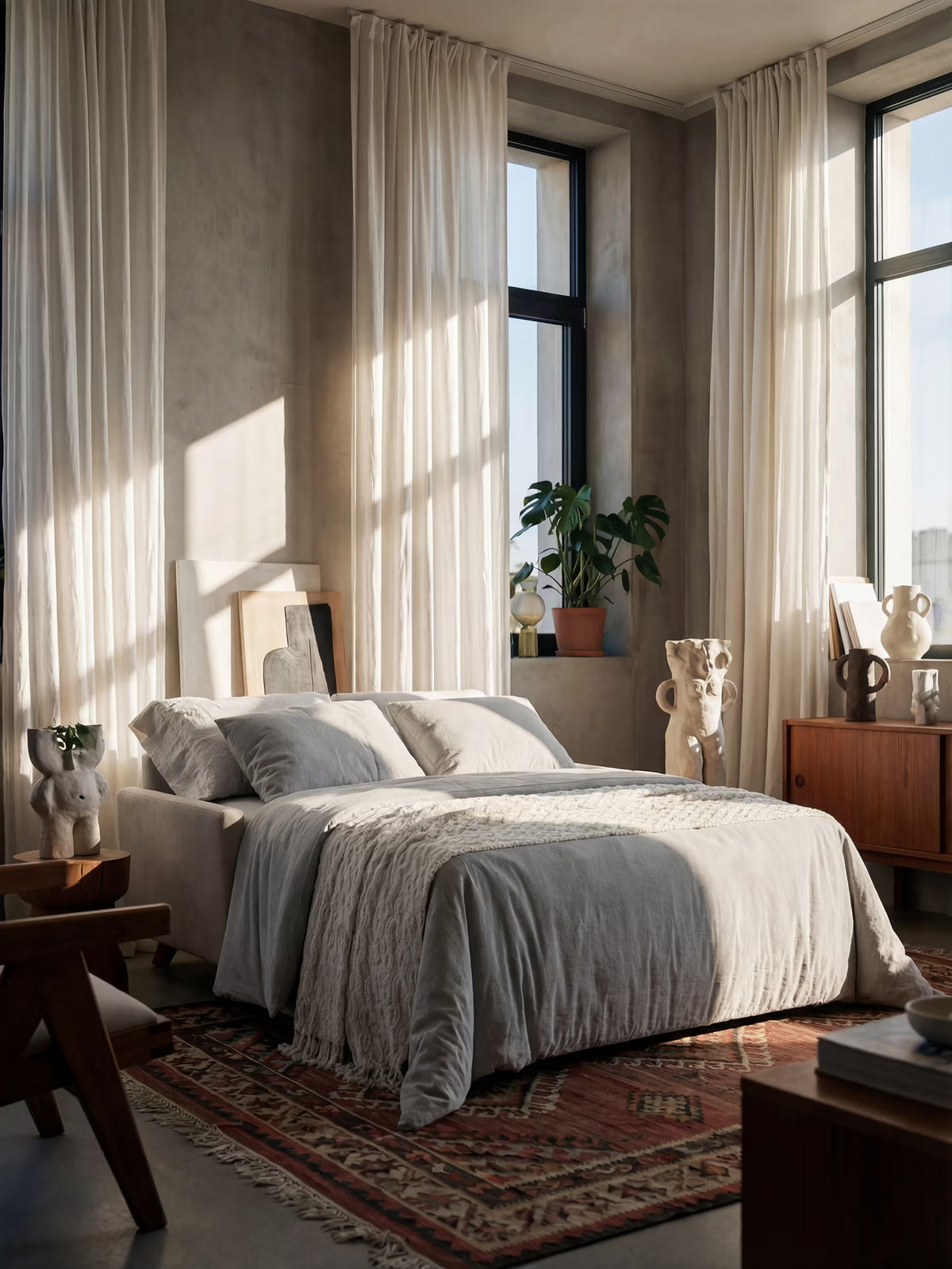 Camera da letto inondata di luce, con biancheria da letto grigio chiaro, un copriletto color crema e ampie finestre adornate da tende bianche trasparenti. Piante e elementi decorativi scultorei valorizzano i comodini in legno, mentre il divano letto Francy con poggiatesta regolabili di Divani.Store — completamente sfoderabile e rivestito in elegante tessuto T30 antimacchia — offre ulteriori posti a sedere e maggiore funzionalità. Un tappeto fantasia ai piedi del letto completa l’estetica minimalista e